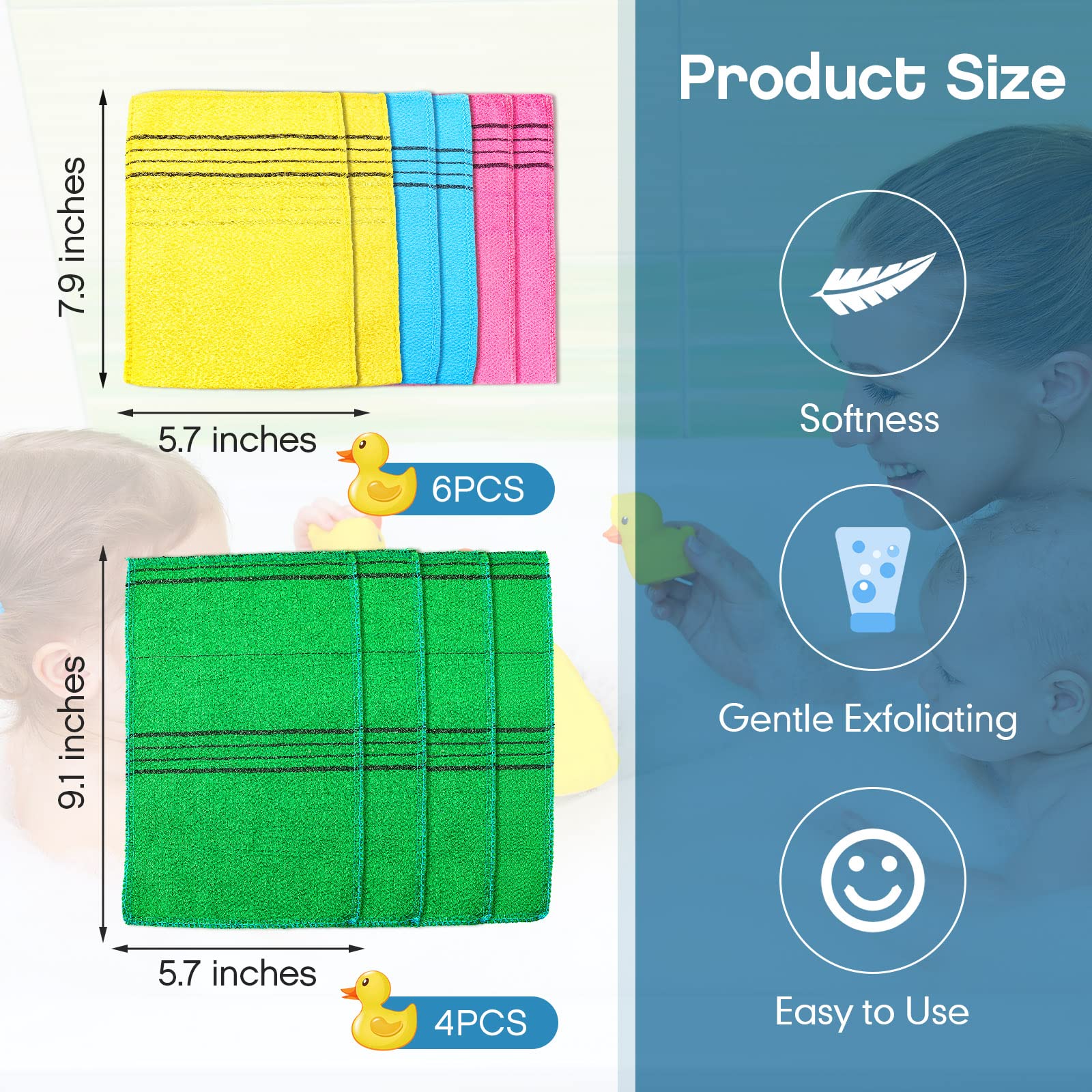 Tatuo 10 Count Korean Exfoliating Washcloth Mitts - Double-Sided Bath Scrub Gloves, Mix Color, Dead Skin Removal, Spa Quality