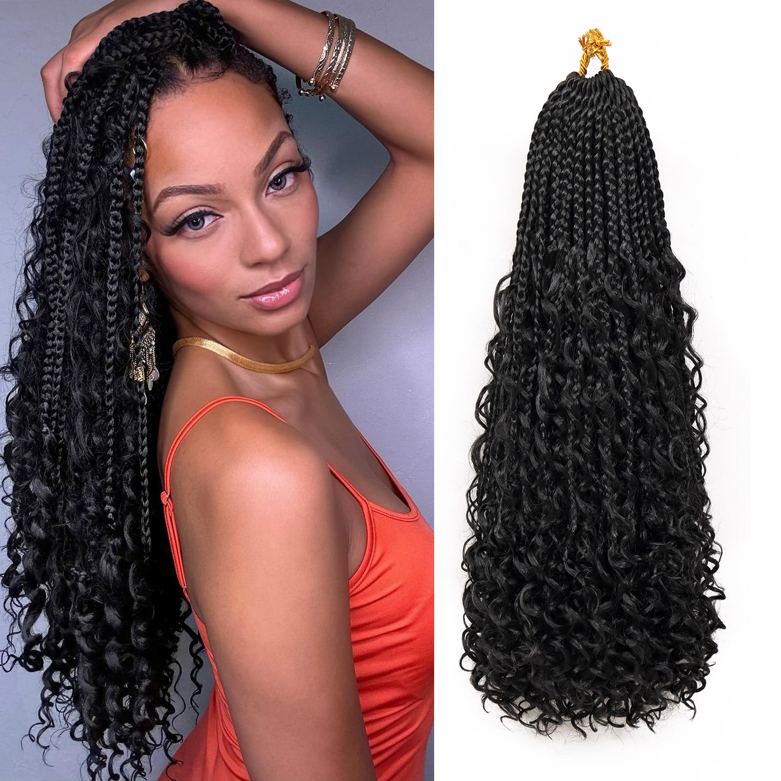 Goddess Box Braids Crochet Hair for Woman 18 Inch Long Pre-looped Crochet Boho Box Braids Curly Ends Bohemian Hippie Braids Synt
