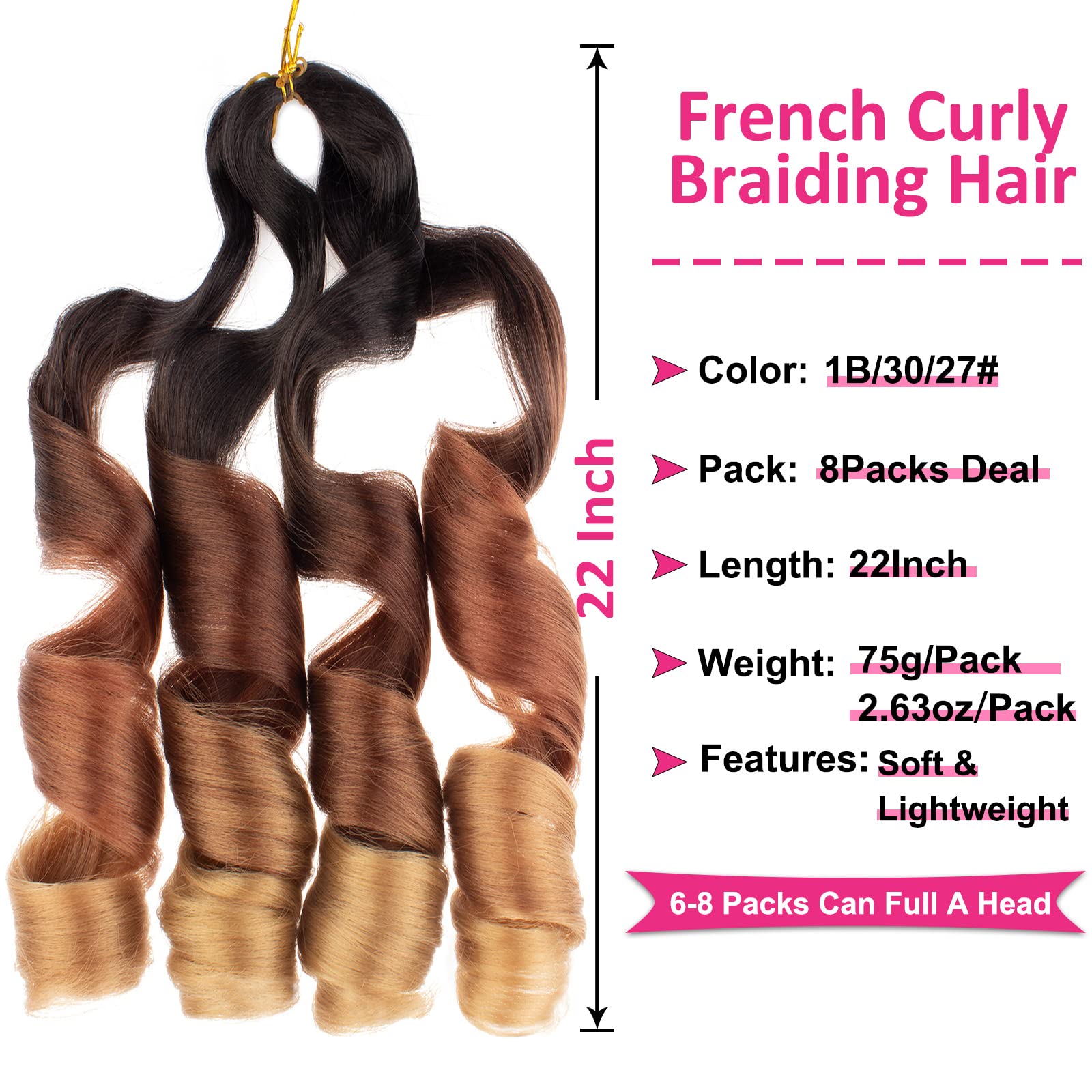 Unionbeauty 8 Pcs French Curly Braiding Hair 22 Inch Pre Stretched Bouncy Braiding Hair French Curl Crochet Braids Hair Loose Wa