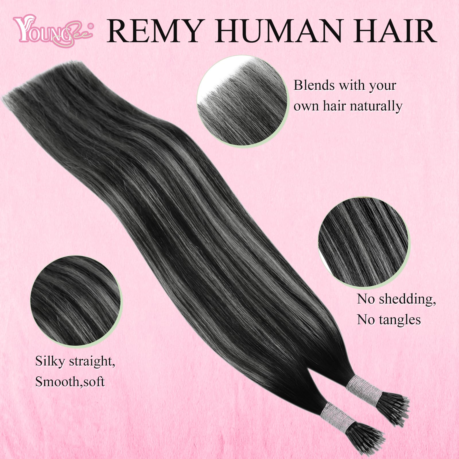 YoungSee Nano Hair Extensions Silver Nanobeads Hair Extensions Human Hair Ombre Black to Silver Nano Rings Hair Extensions Doubl