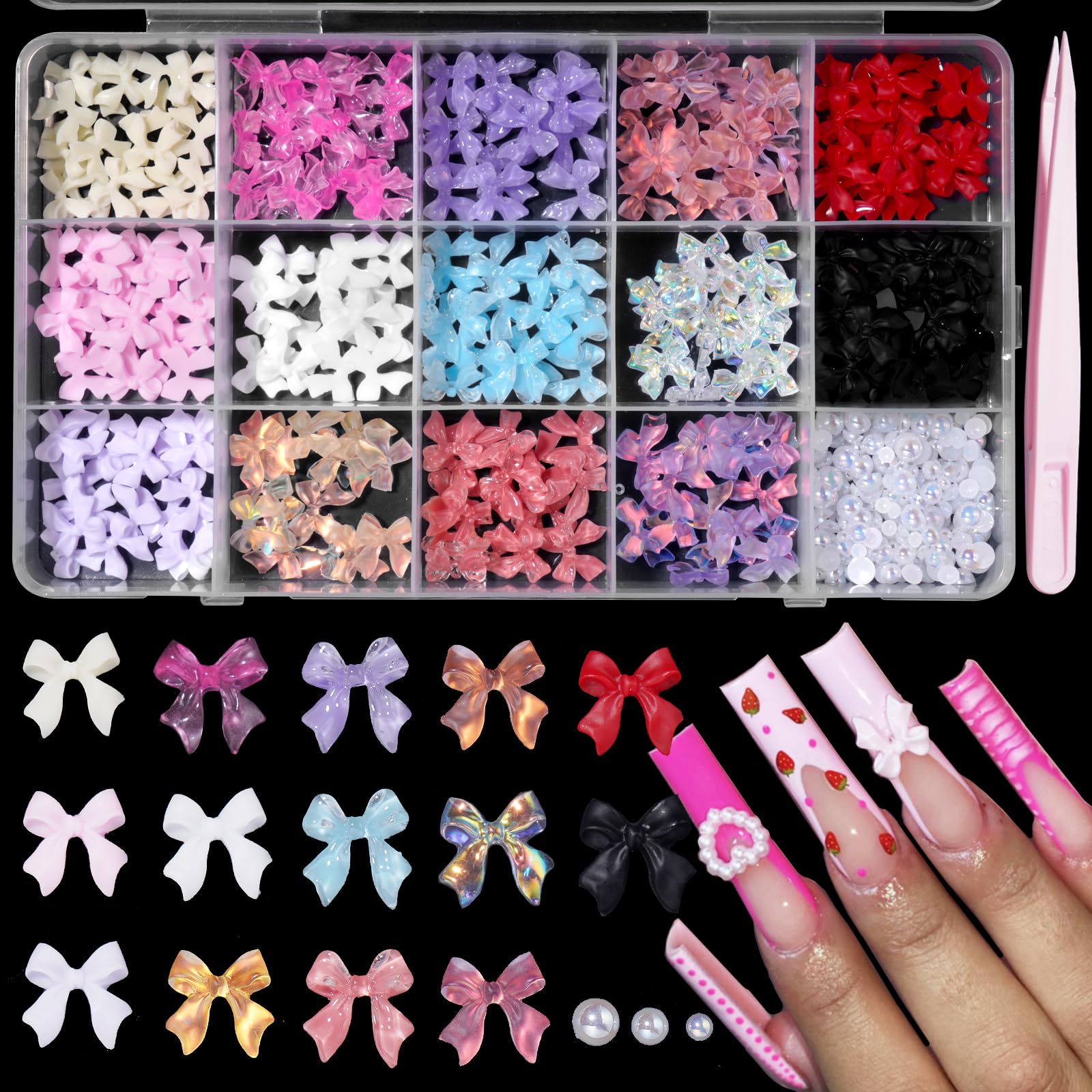 Mixed Color Variety Bows 3D Nail Charms Assorted Bows Nail Charms Mix White AB Flatback Pearls for Manicure DIY Crafts Jewelry A