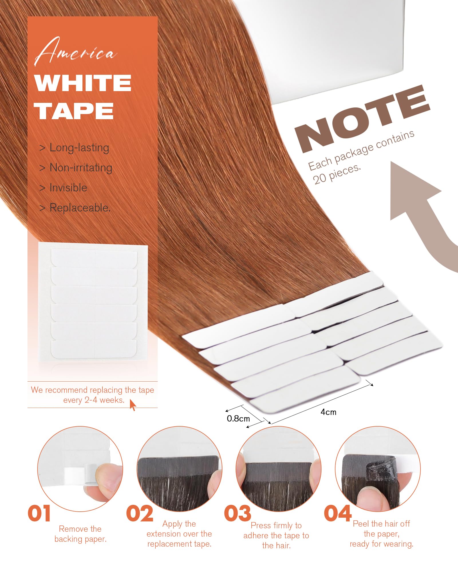 Sunny Hair Tape in Hair Extensions Real Human Hair Invisible Remy Hair Extensions Tape ins for Women Copper Red 22 inch 20Pcs 50