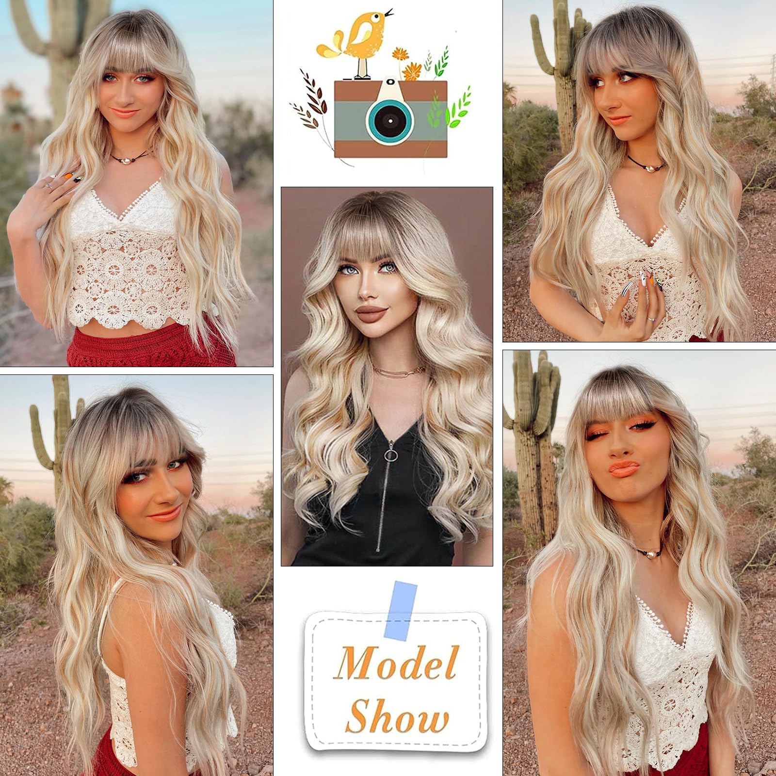 Lativ Ombre Blonde Wig With Bangs Long Wavy Curly Blonde Wig With Dark Roots Heat Resistant Synthetic Wigs For Women Daily Use 2