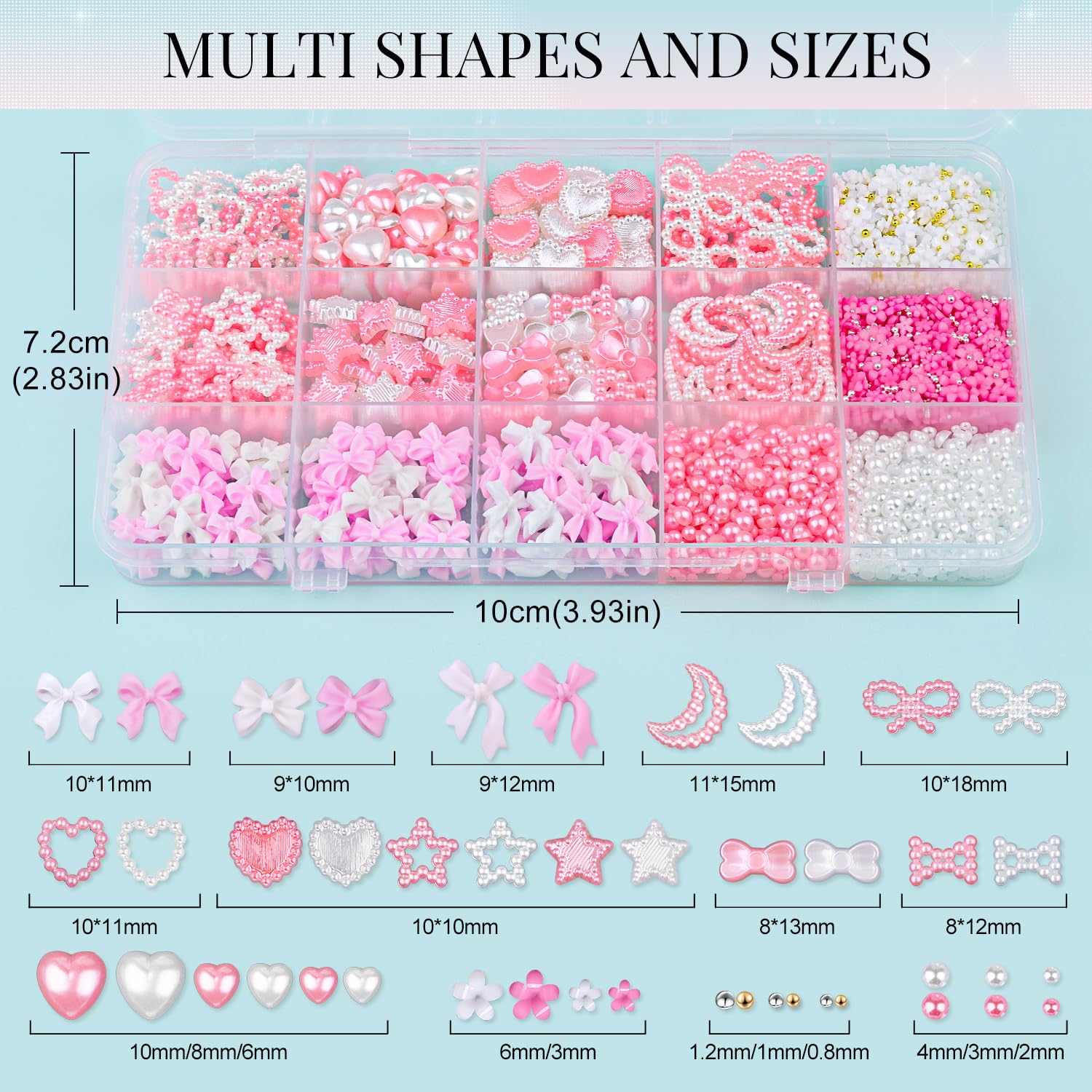 3D Nail Charms For Coquette Nails Design With Rhinestone Glue Set 2, White Pink Nail Bow Charms + Pearl Heart Star Moon Bowknot