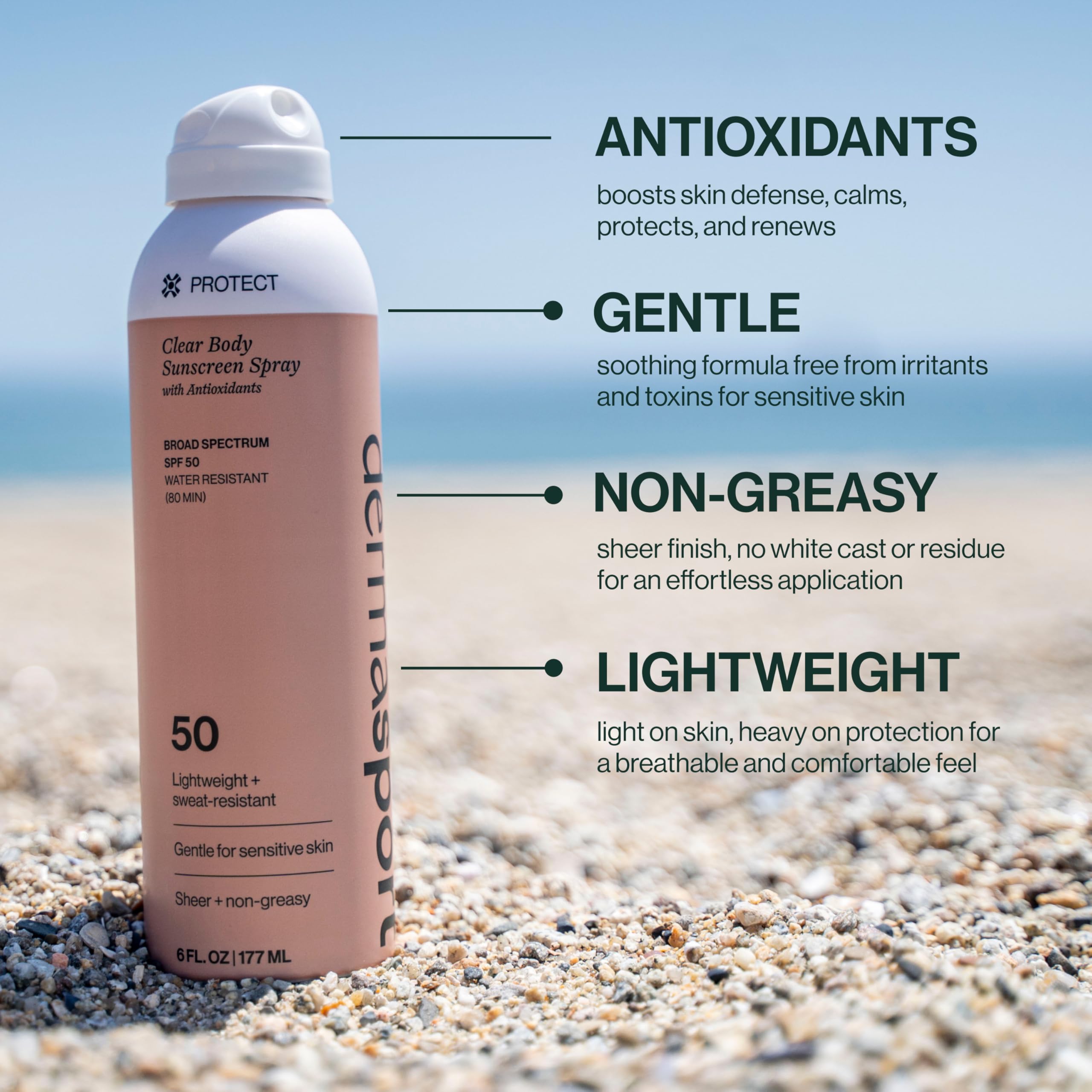 Dermasport SPF 50 Clear Body Sunscreen Spray with Antioxidants- Reef Safe Sunscreen- Sun Care