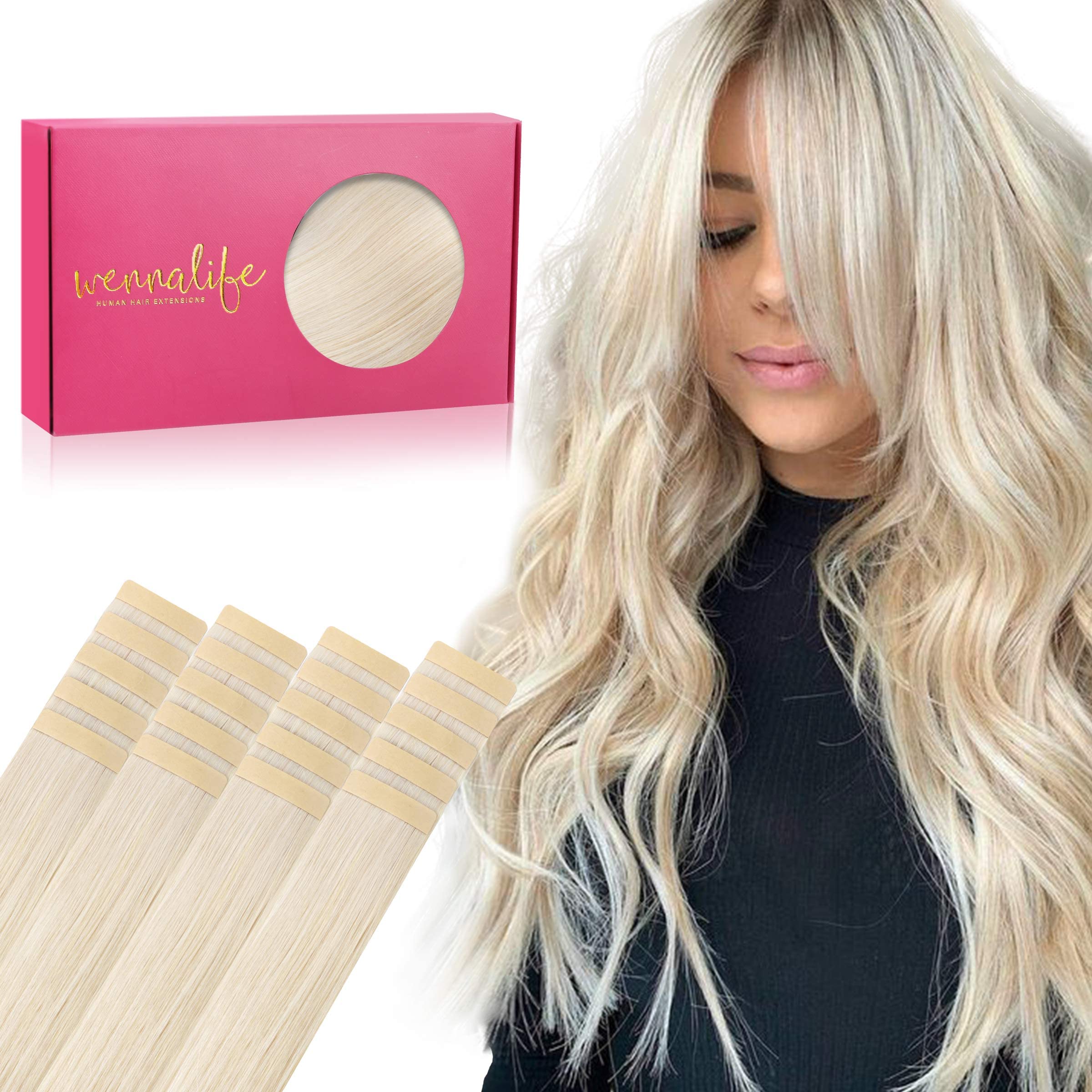 Wennalife Tape In Hair Extensions Human Hair, 20Pcs 40G 12 Inch Platinum Blonde Remy Hair Extensions Straight Human Hair Tape In