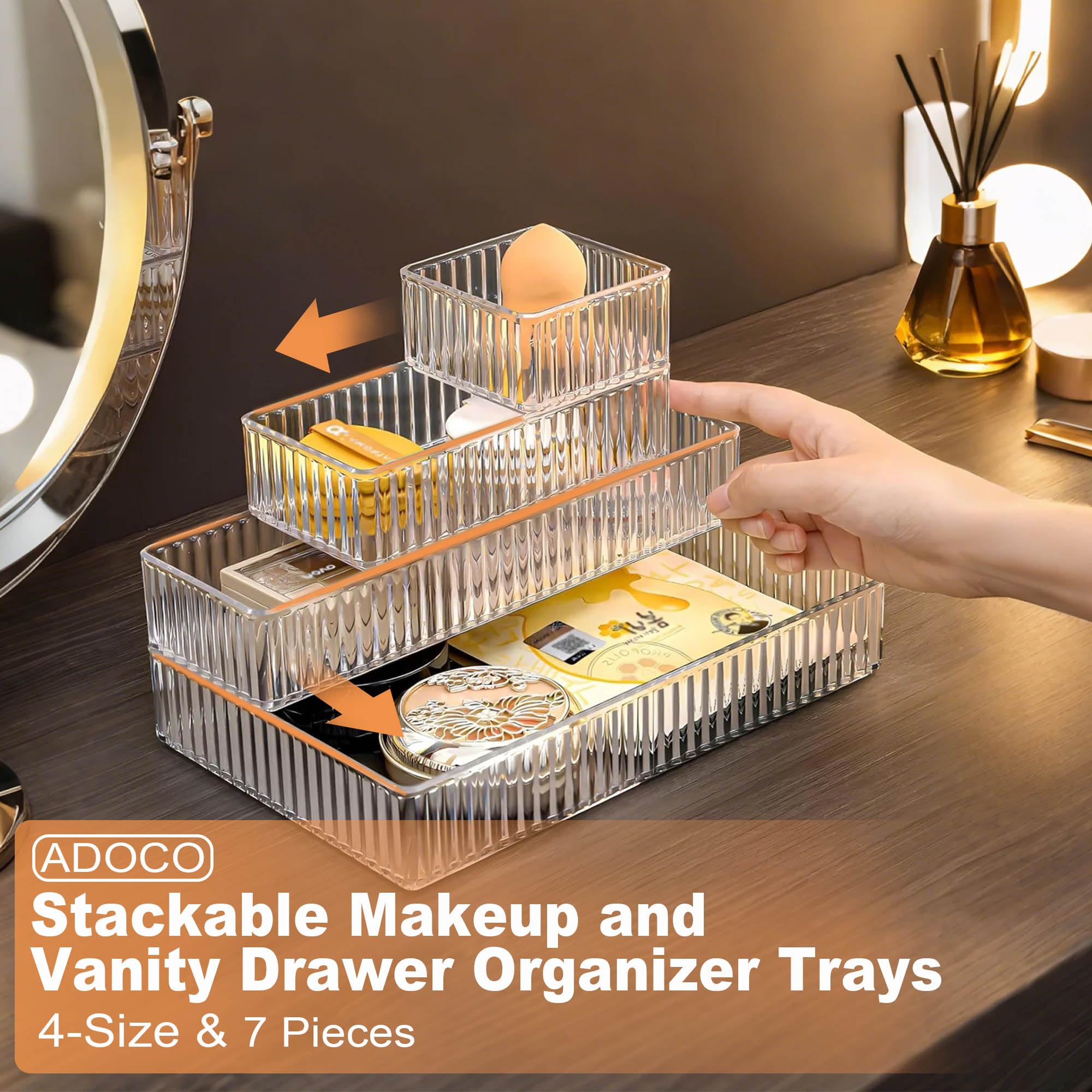 Adoco 7 PCS Clear Drawer Organizers Bins, 4-Size Stackable Makeup Vanity Drawer Organizer Trays, Acrylic Bathroom Drawer Organiz