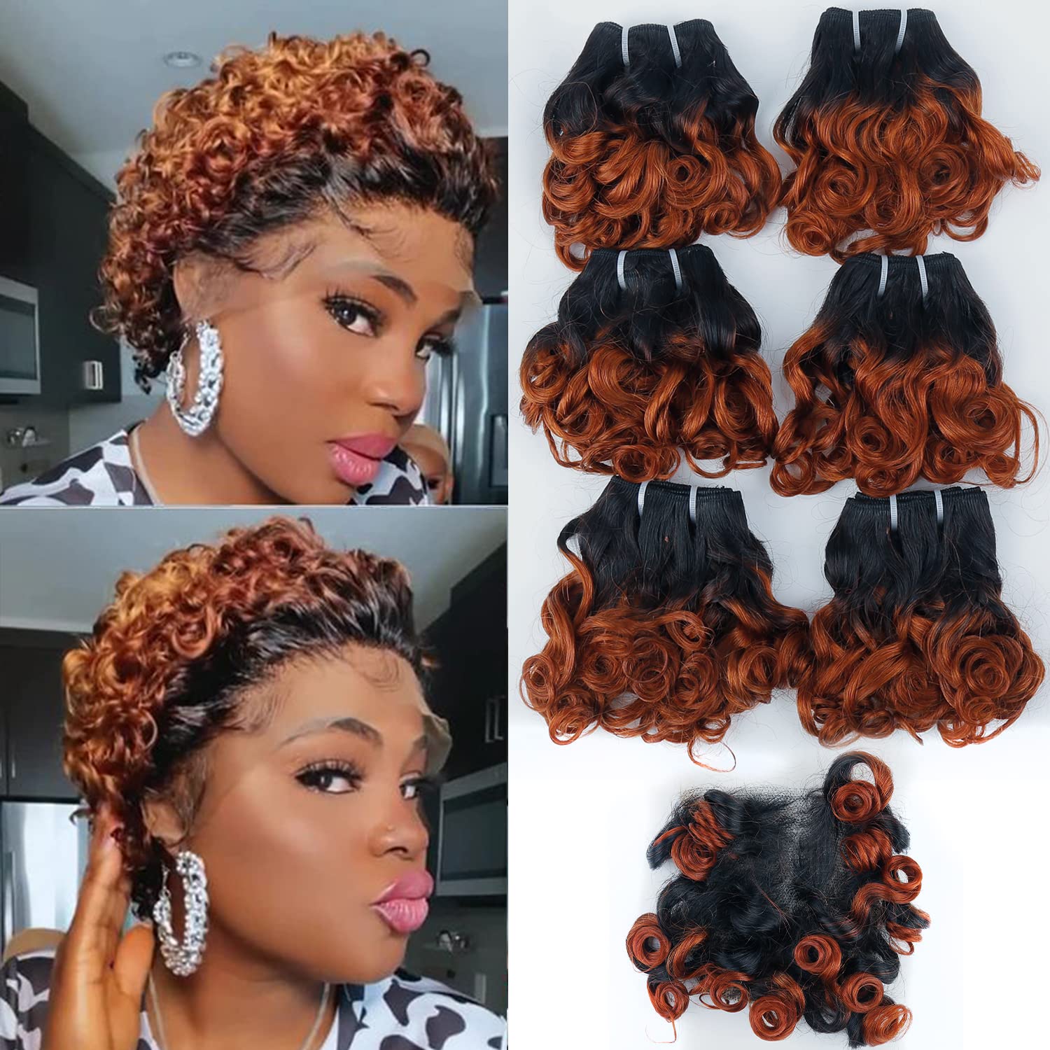 Short Curly Wavy Bundles with Closure Ombre 1B/Ginger Brazilian Wavy Curly 6 Bundles with 4x4 Closure(8 8 8 8 8 8+8) Unprocessed