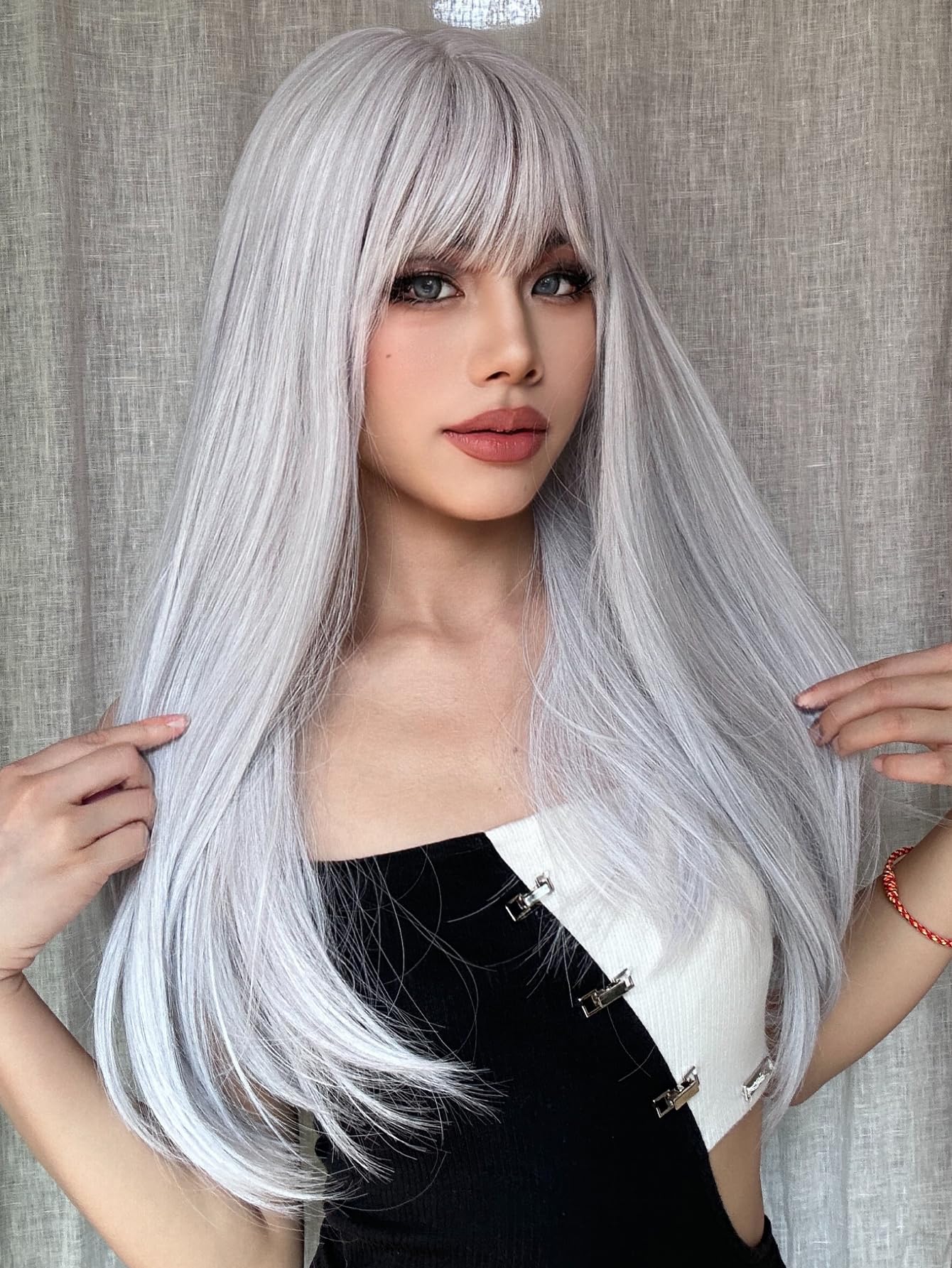 ENTRANCED STYLES White Wig with Bangs Long Straight White Wigs for Women Cosplay Wigs for Gril Natural Hairline Heat Resistant S