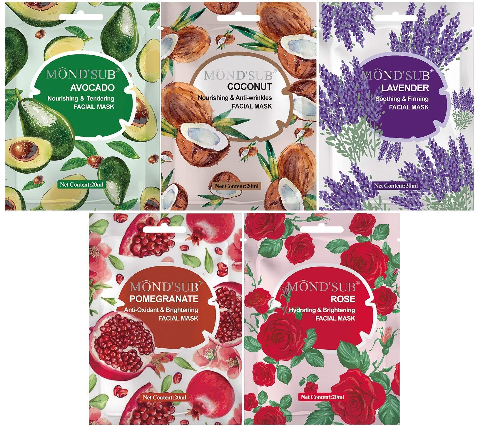 MondSub Combo Of Brightening Whitening And Tightening Face Sheet Masks (Pack Of 5 X 20Ml)
