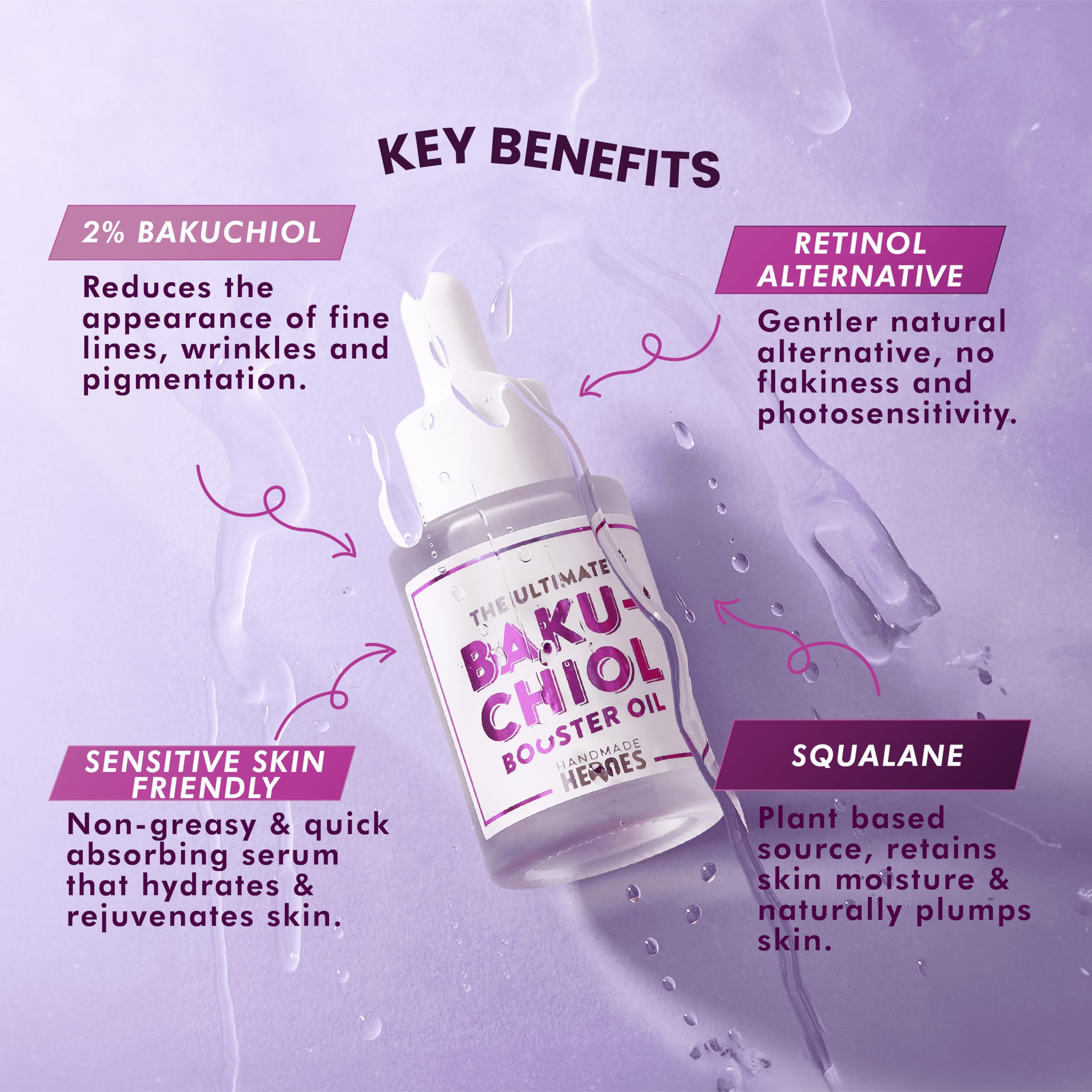 Handmade Heroes 2% Bakuchiol Booster Oil With Sugarcane Squalane, All Natural Retinol Alternative For Radiant And Line Smoothing