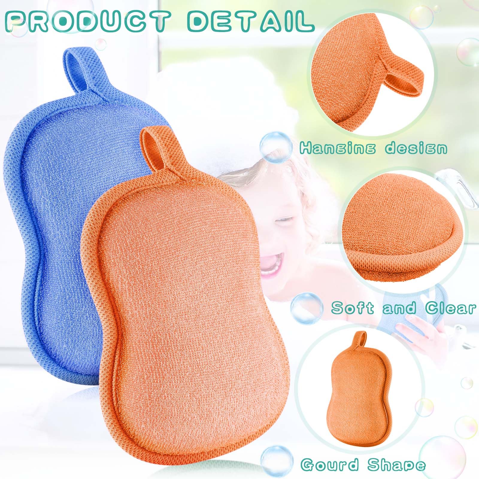 Tatuo 4 Pieces Baby Bath Sponge Cotton Baby Sponge Soft And Absorbent Sponge For Kids Babies Men Women (Orange,Blue)