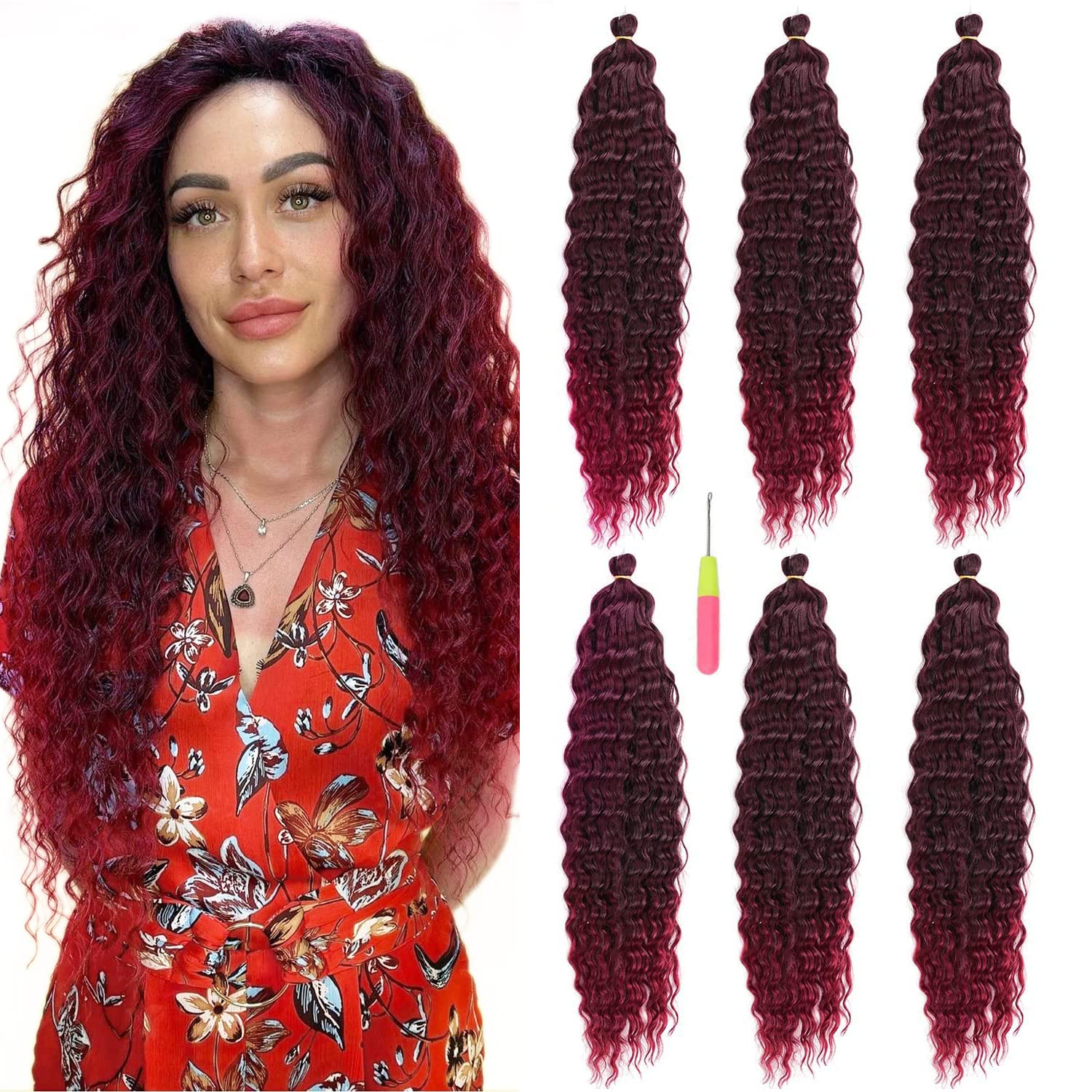 Burgundy Curly Braiding Crochet Hair Dark red Ocean Wave Crochet hair 22 inch 6Packs Deep Wave Crochet Hair Extensions for Women