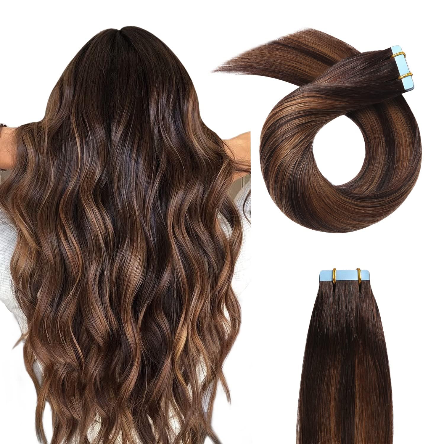 Yilite Tape In Hair Extensions Human Hair #2-6-2 Straight Hair Balayage Darkest Brown Roots Fading To Darkest Brown 12 Inch (Pac
