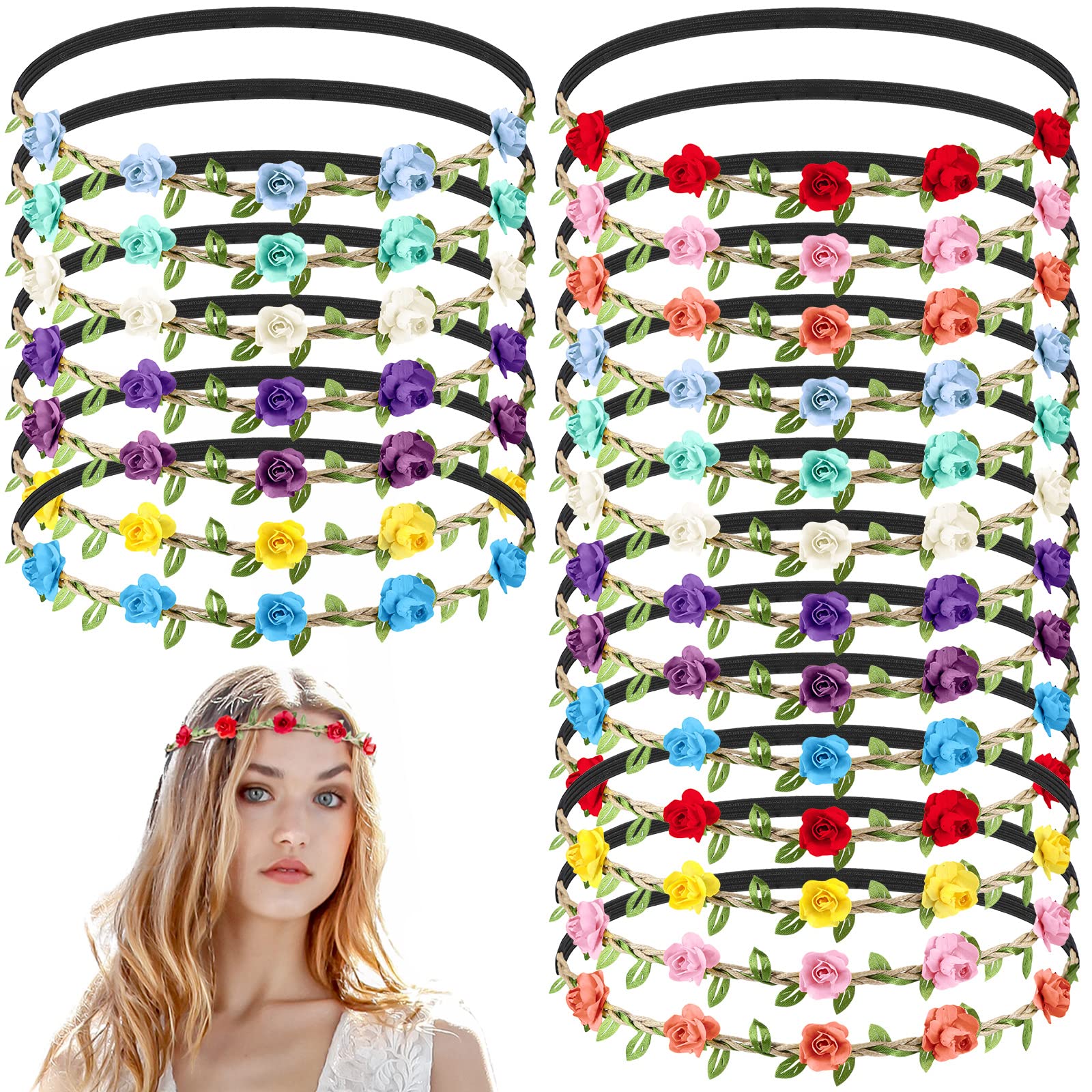 Chuangdi 50 Pcs Multicolor Flower Headband, Floral Crowns Wreath Garland, Bohemian Fairy Ribbon Hair Band for Girl Women, Weddin