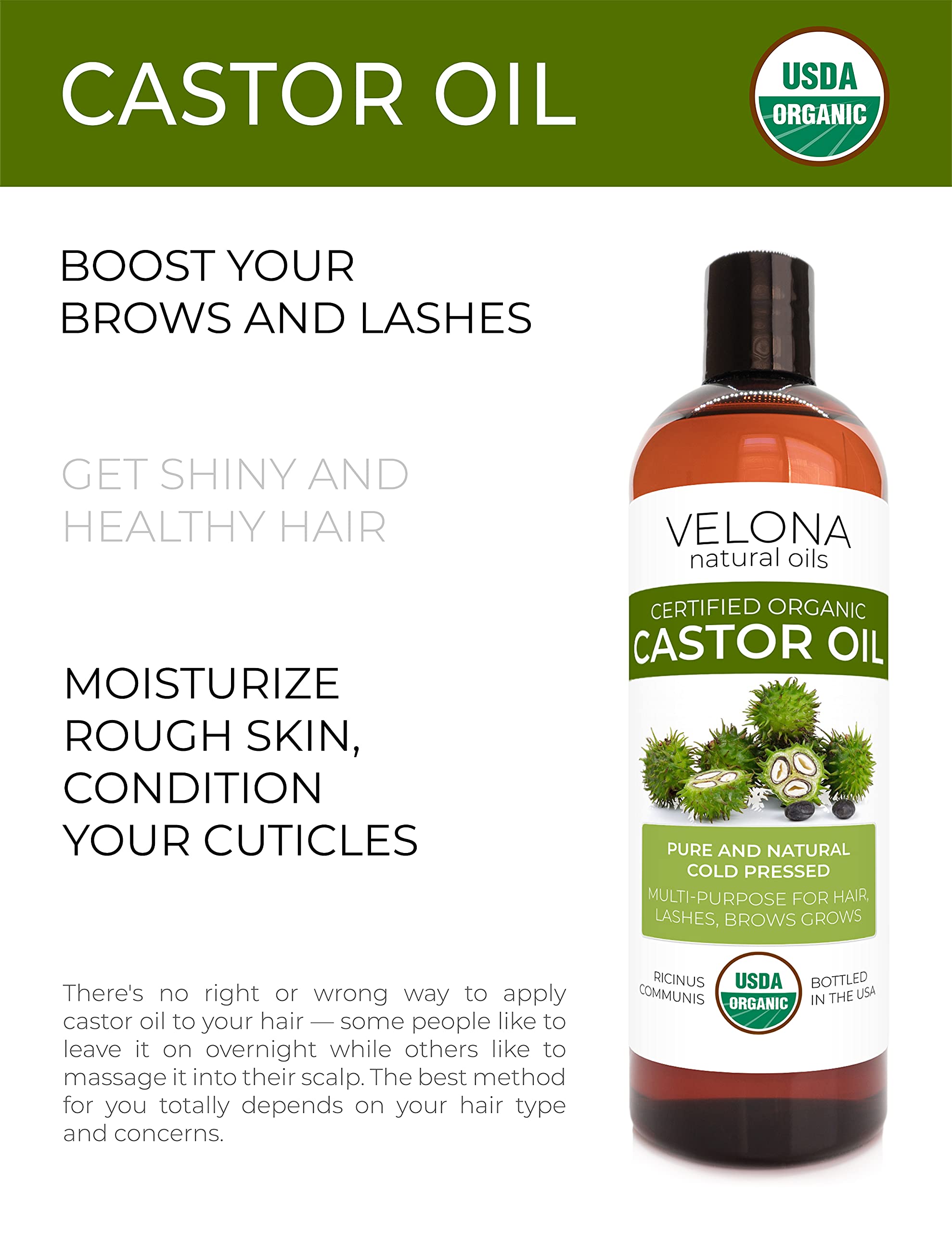 Velona Usda Certified Organic Castor Oil - 16 Oz (With Pump) | For Hair Growth, Boost Eyelashes, Eyebrows | Cold Pressed, Natura