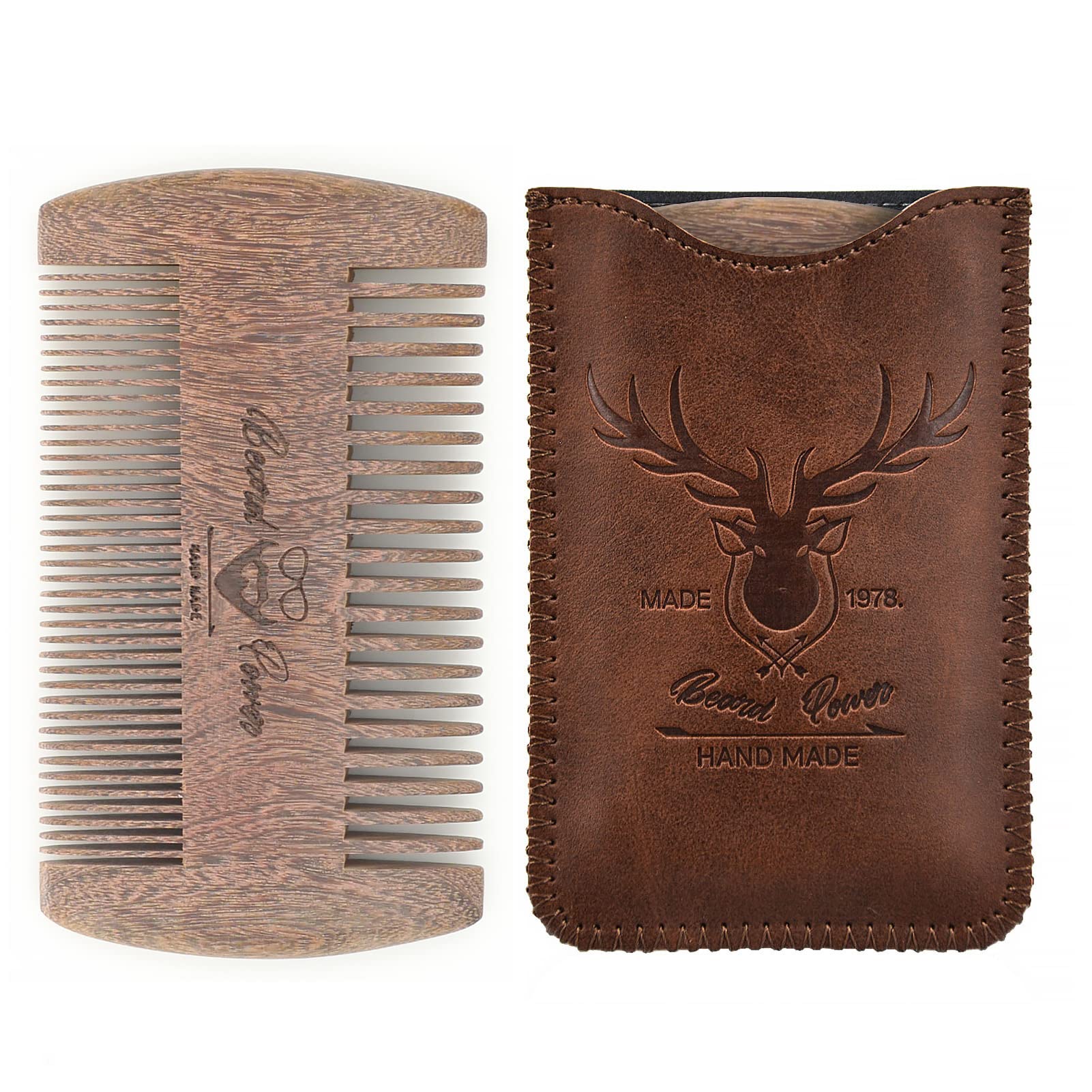 Menesia Sandalwood Beard Comb with Case - Fine & Coarse Teeth, Wooden Pocket Comb for Beards, Mustaches & Hair, Brown Skull Desi