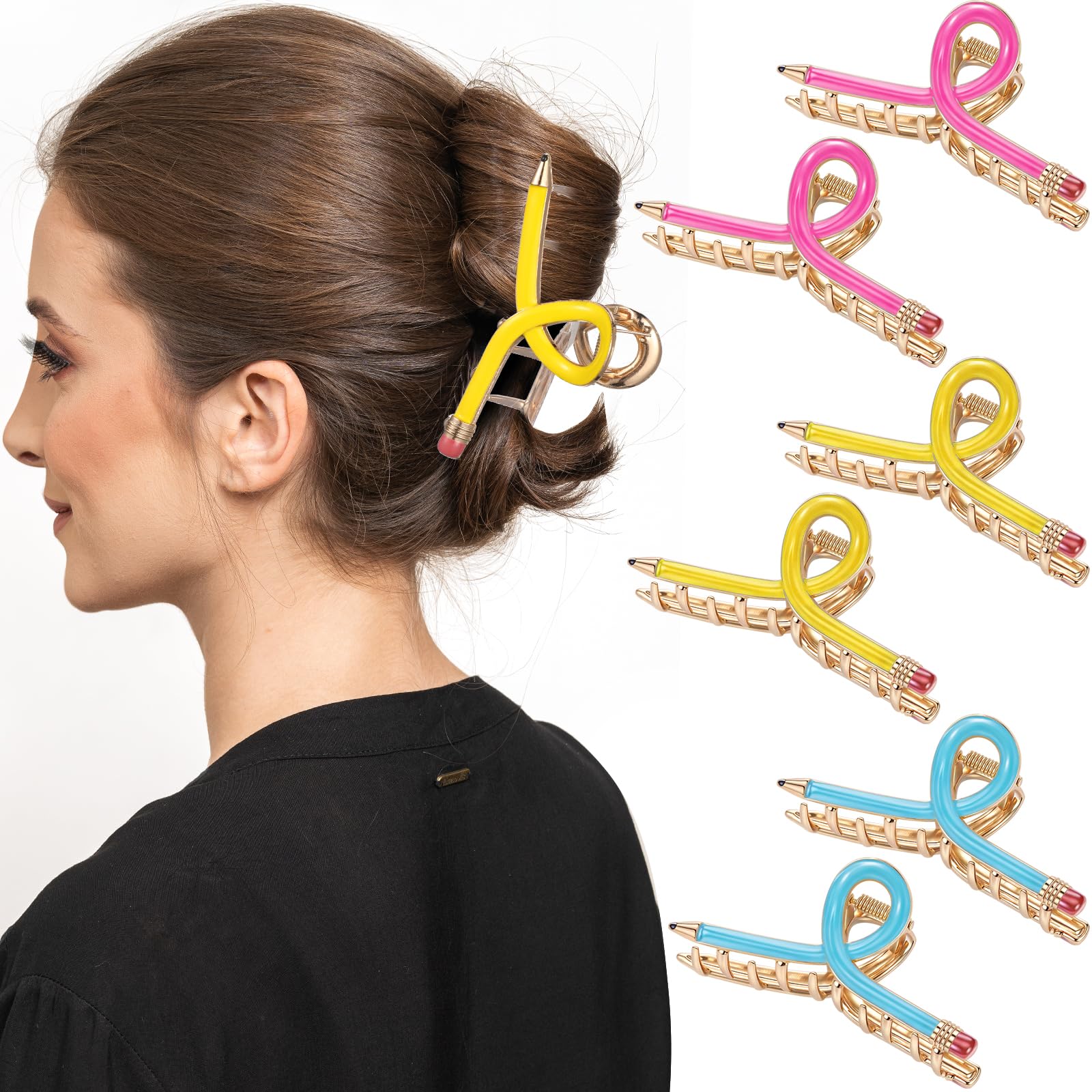 Giegxin 6 Pcs Pencil Hair Claw Clips for Women Cute Teacher Accessories Back to School Metal Barrettes for Thick or Thin Hair Te