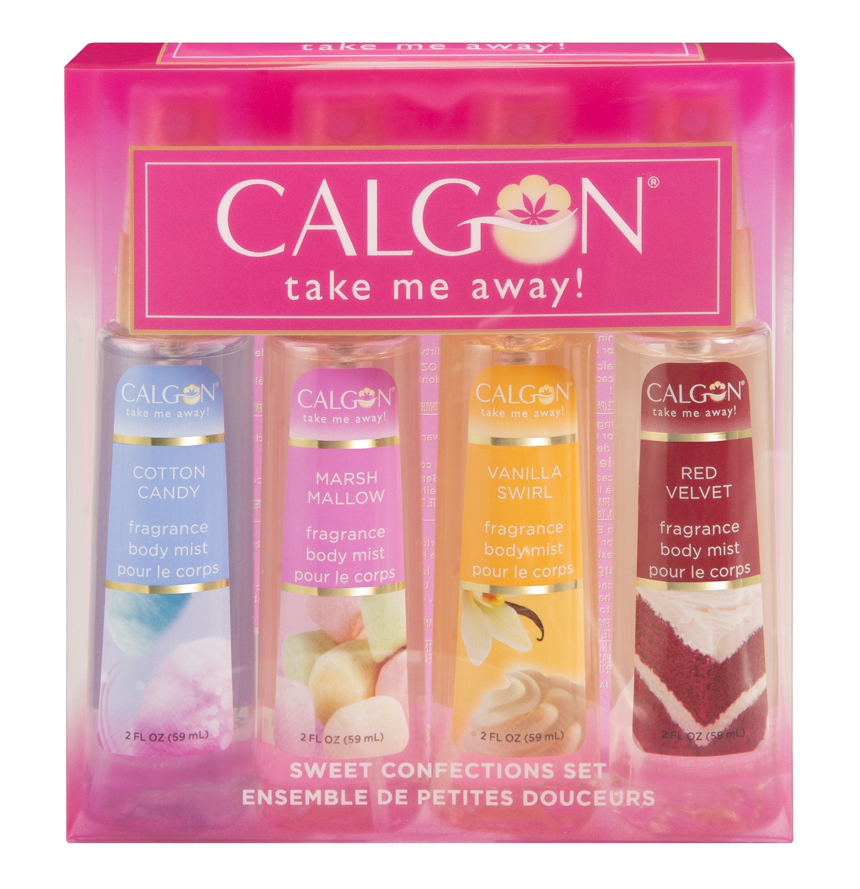 Calgon Take Me Away 4 Pc Gift Set (Refreshing Body Mist 2.0 Oz Of Cotton Candy Marsh Mallow Vanilla Swirl & Red Velvet) for Wome