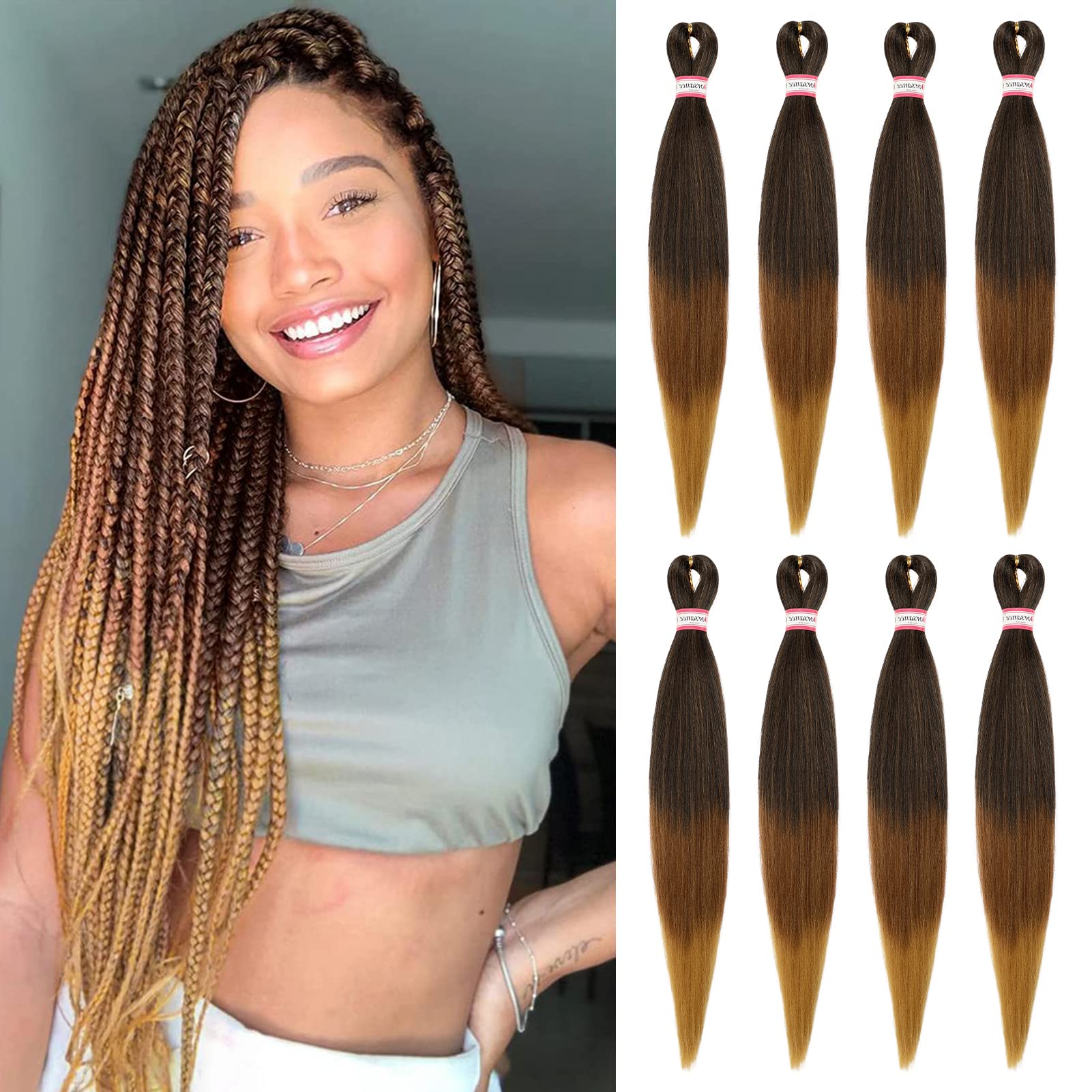 Pre-Stretched Braiding Hair 8 Packs 24 Inch Black To Brown Ombre Braiding Hair Natural Easy Twist Crochet Braids Hot Water Setti