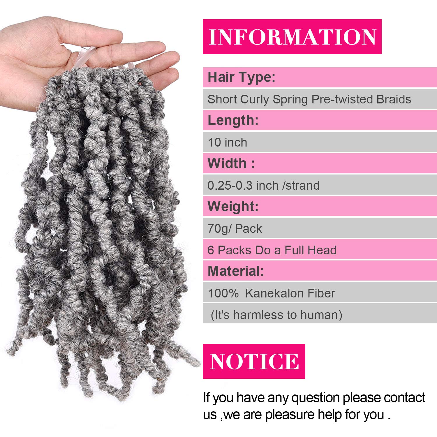 3 Packs Short Grey Pre-twisted Spring Braids Synthetic Crochet Hair Extensions 10 inch 15 strands/pack Ombre Crochet Twist Braid