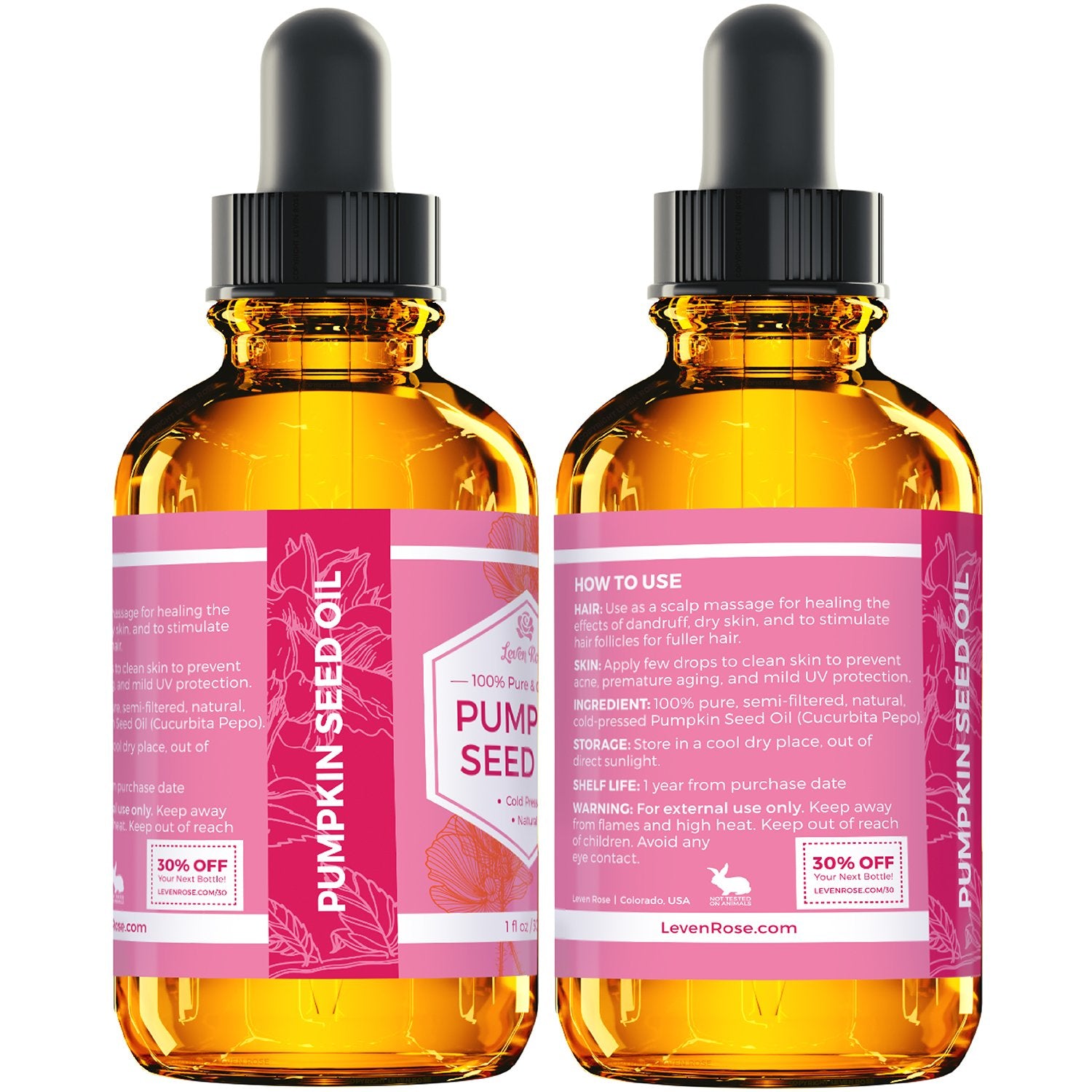 Leven Rose Organic Pumpkin Seed Oil For Hair Growth 1 Oz, 100% Pure, Cold Pressed Pumpkin Oil For Damaged Hair, Dry Skin And Nai