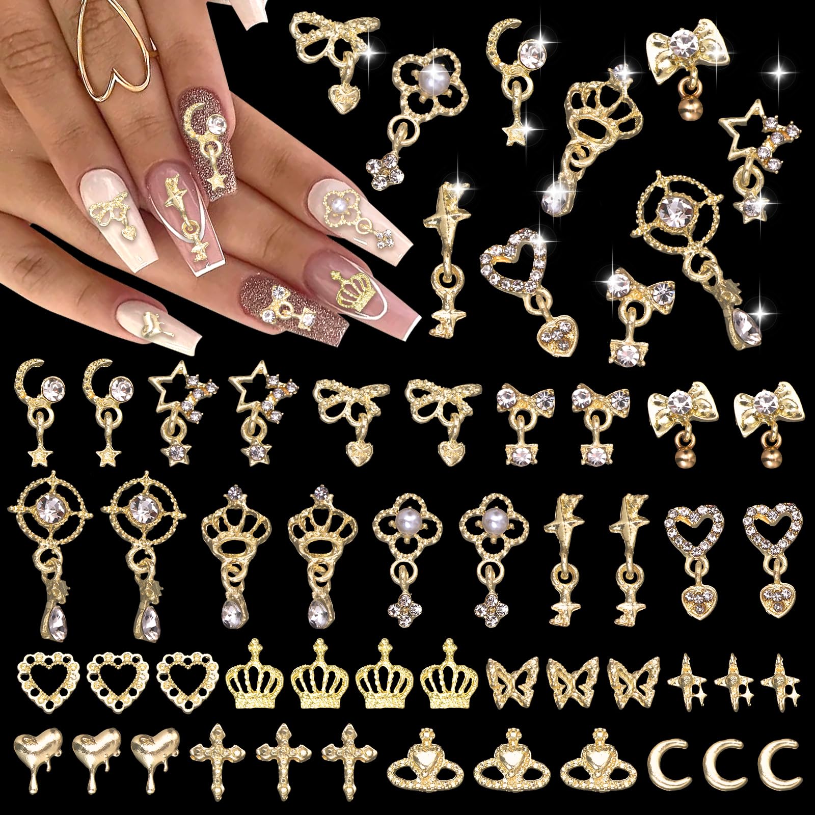100 Pcs Gold Nail Charms and Gems, Gold Dangle Star Bows Nail Gems Charms, Metal Crown Heart Butterfly Charms for Acrylic Nail A