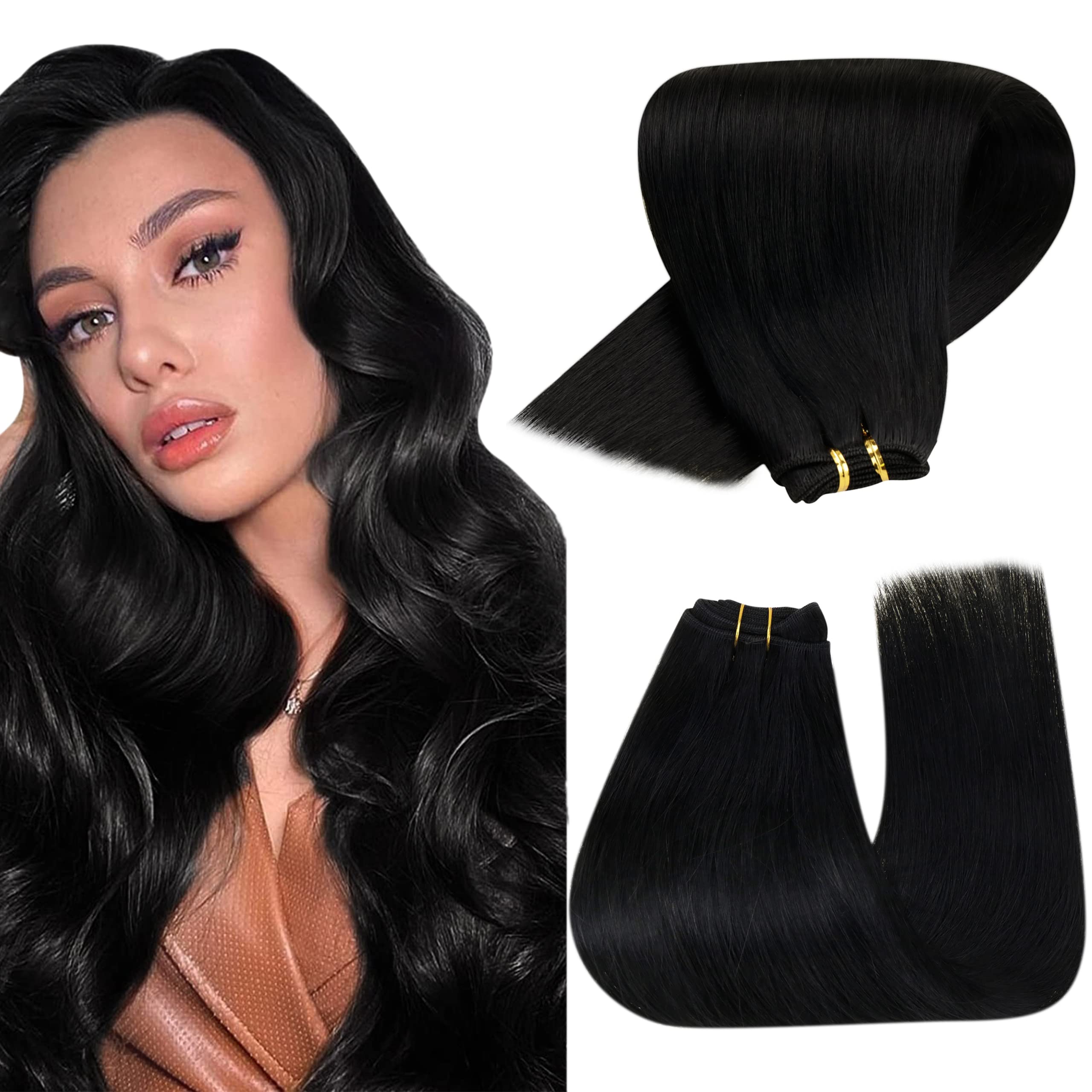 Hetto Black Sew in Weft Human Hair Straight Weft Hair Extensions Human Hair #1 Jet Black Weave Human Hair 20 Inch 100g