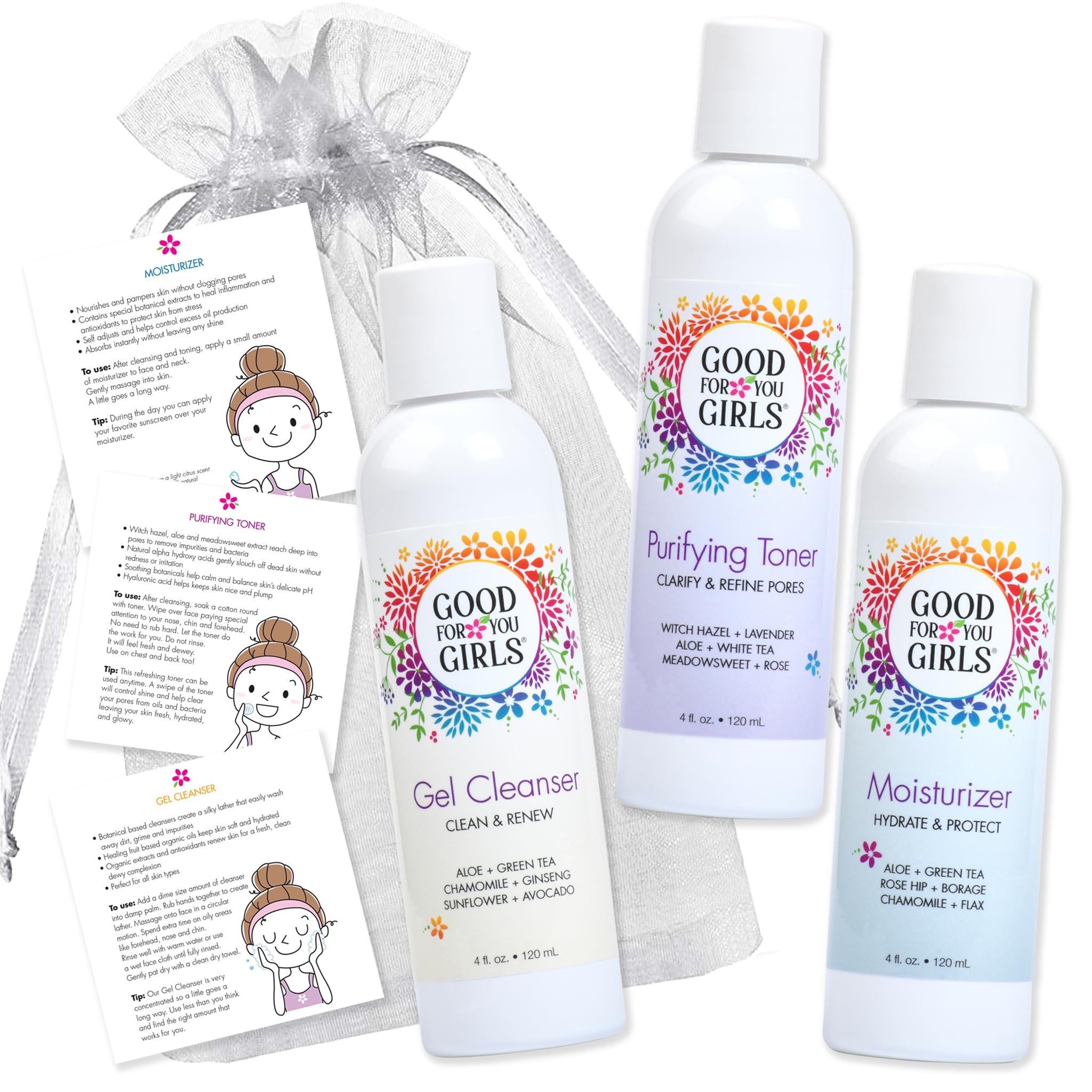 Good For You Girls Three-Step Skincare Gift Set - Cleanser, Toner & Moisturizer for Girls to Teens, Safe, Natural, Plant-Based i