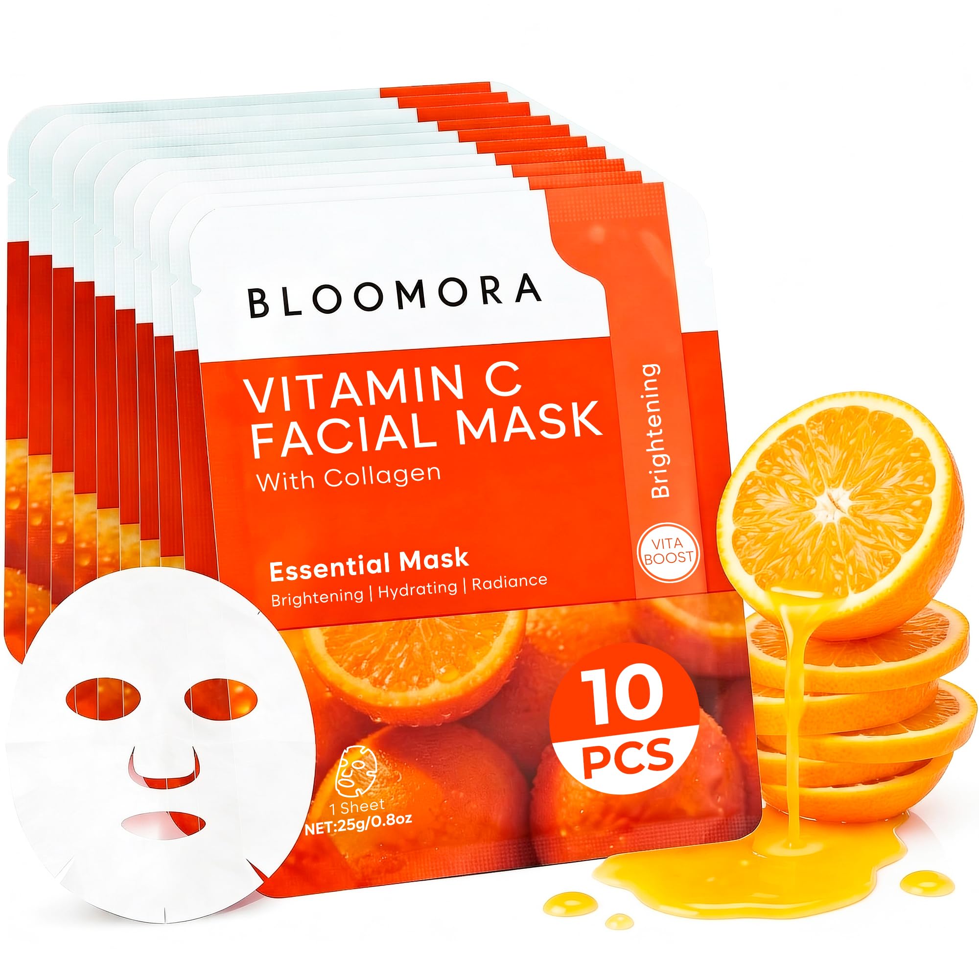 BLOOMORA 10 Pack Vitamin C + Collagen Face Mask Set, Vitamin C Face Sheet Mask for Radiant Skin Care, Hydrating Sheets for All S