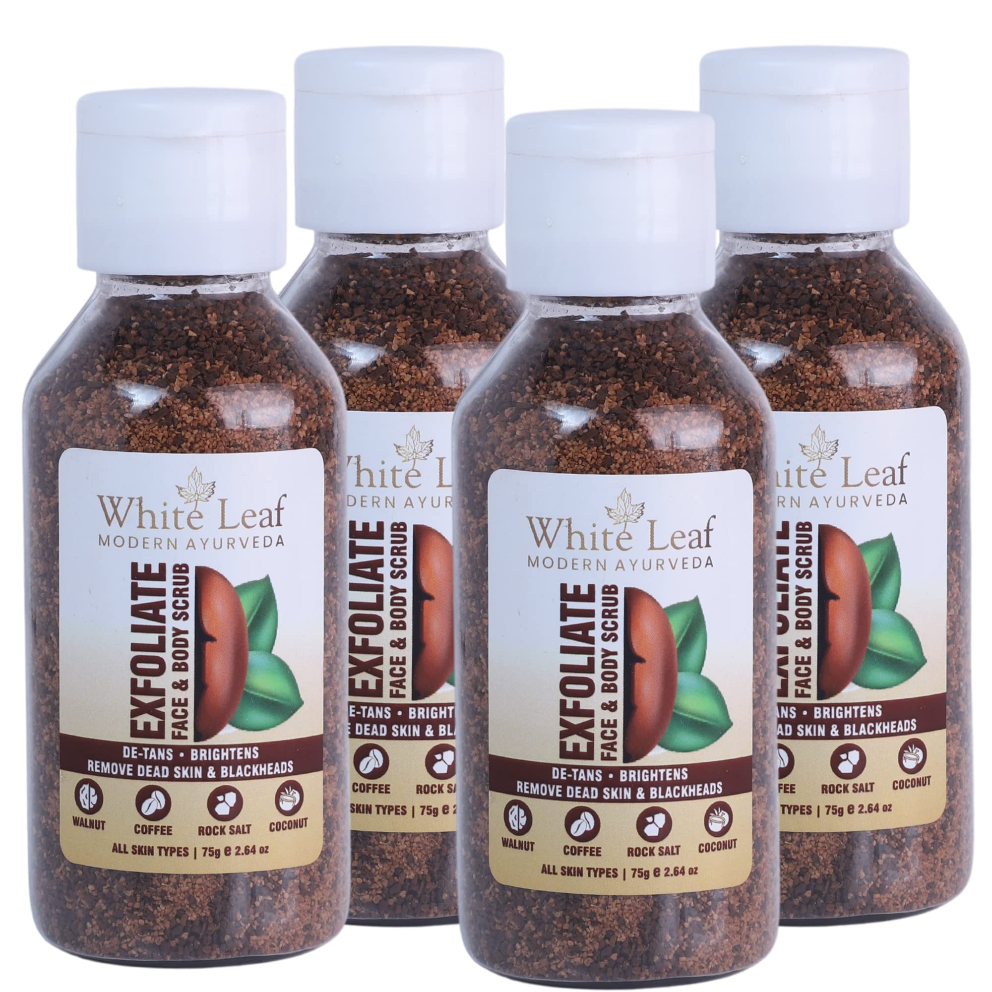White Leaf Exfoliate Walnut Scrub 75G(Pack Of 4) For Face & Body With Coffee & Coconut For Dead Skin Cells & Tan Removal, Blackh