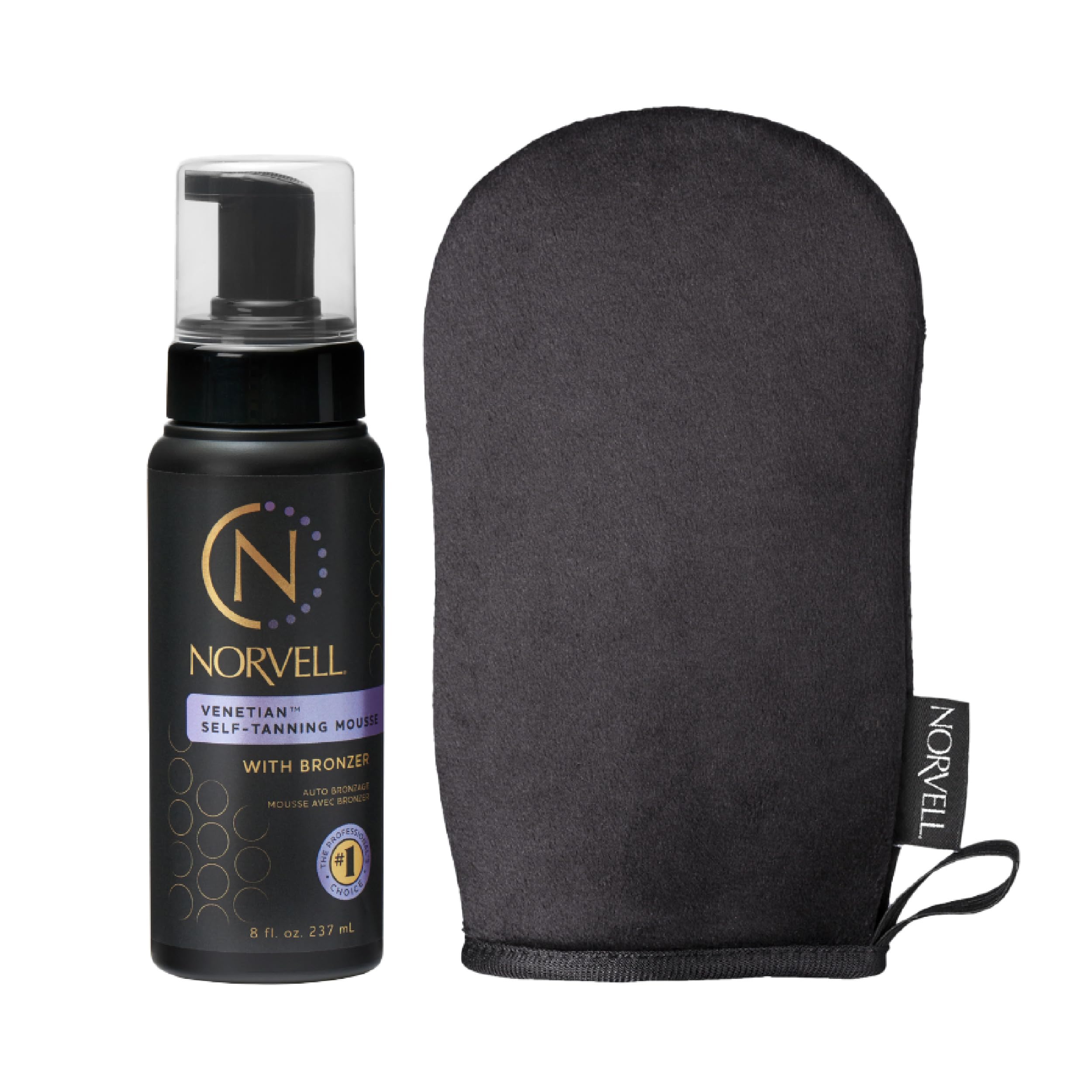 Norvell Sunless Self Tanning Bundle - Venetian Self Tanner Mousse With Bronzer, 8 Fl Oz + Streak-Free Tan Applicator Mitt - Prem
