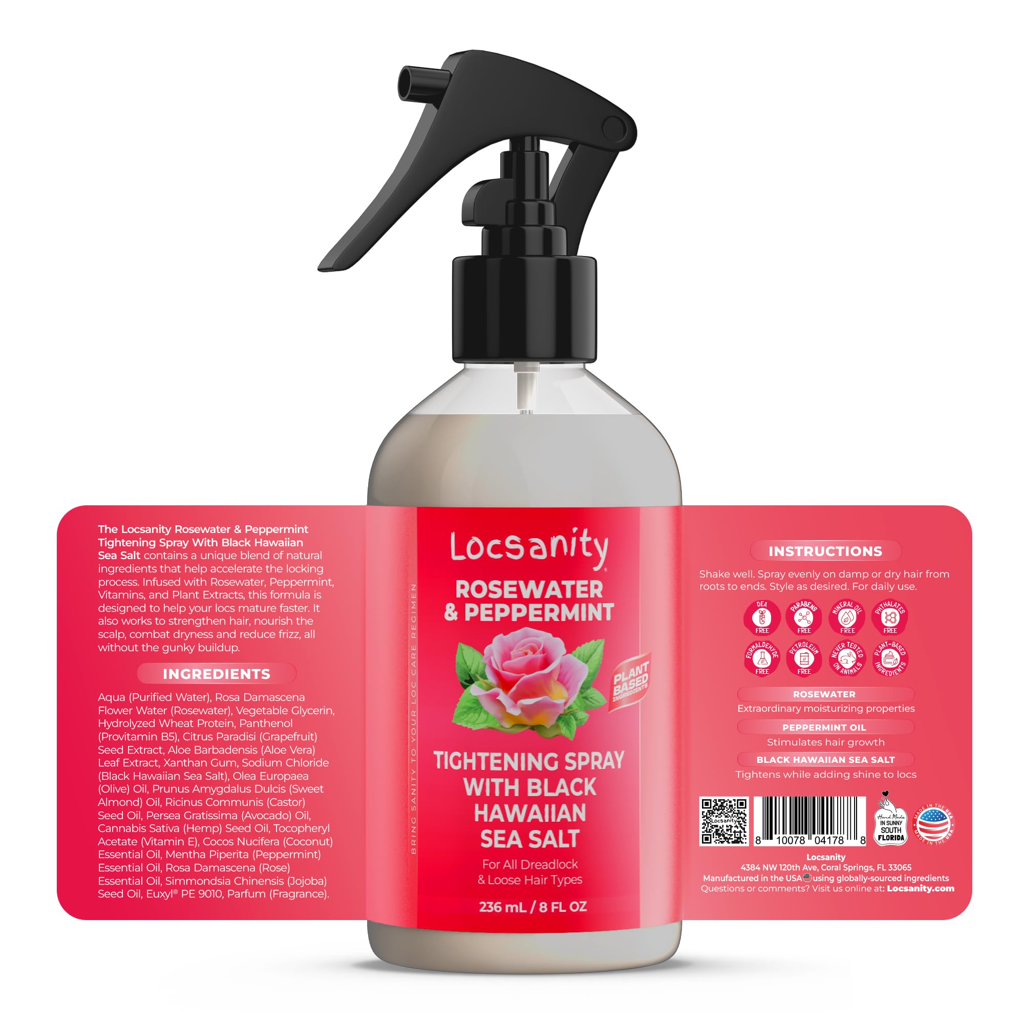 Locsanity Rosewater Peppermint Moisturizing, Tightening, Rolling Spray W/Black Hawaiian Sea Salt Dreadlock Locs
