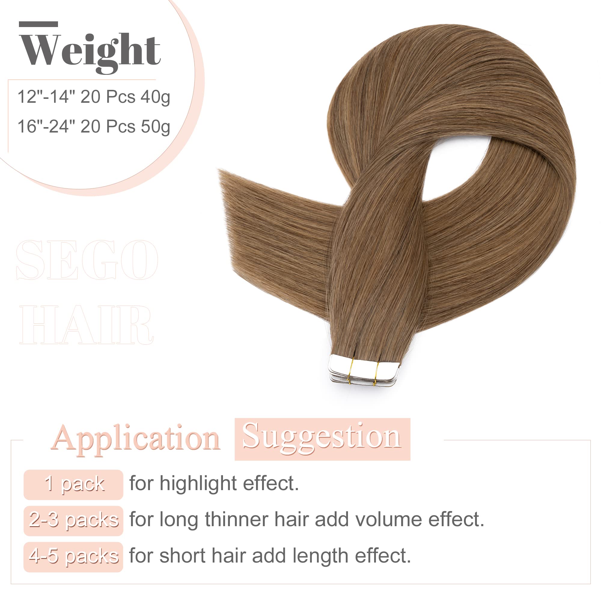 Sego Tape In Hair Extensions Human Hair 18 Inch Light Brown 20Pcs 50G Straight Natural 100% Remy Rooted Seamless Skin Weft Invis