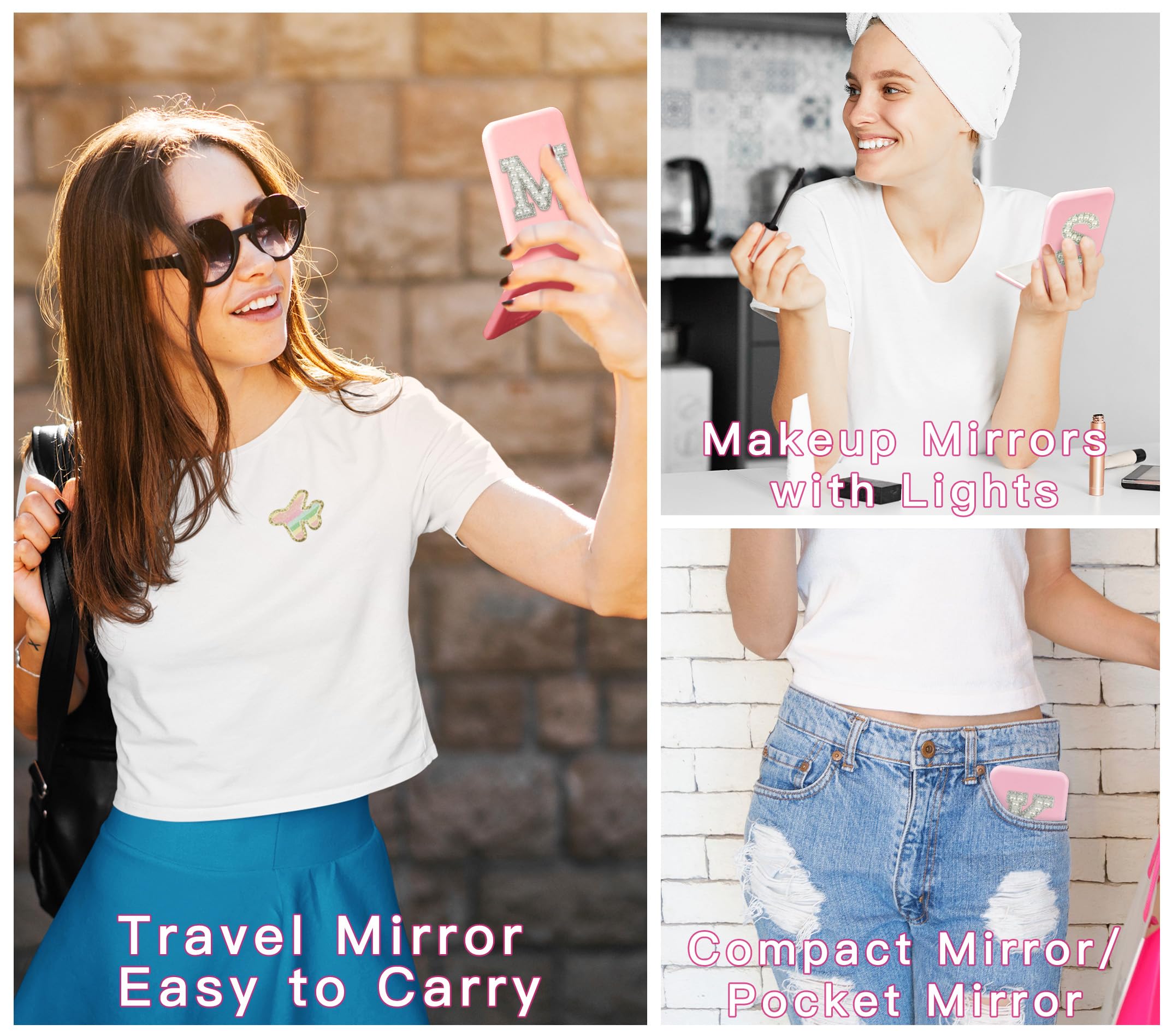 Aganmi Bridesmaid Gifts For Wedding Day Pearl Initial Travel Makeup Pocket Mirror With Lights Pink 1X/2X Magnification Led Cute