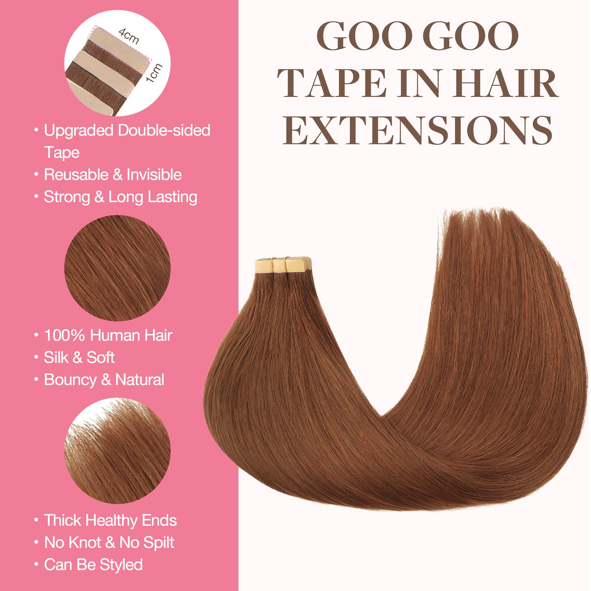 Goo Goo Tape In Hair Extensions Human Hair, 33A Auburn,10Inch 60G 40Pcs, Thick Ends Straight Seamless Tape In, Invisible Tape In