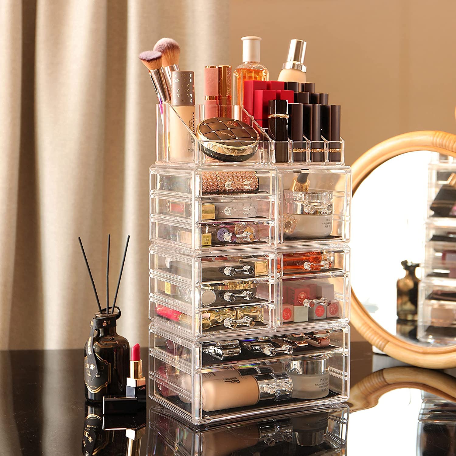 Cq Acrylic 4 Pack Clear Make Up Organizers For Vanity, Stackable 11 Drawers Make Up Organizer,Cute Desk Organizer For Vanity Jew