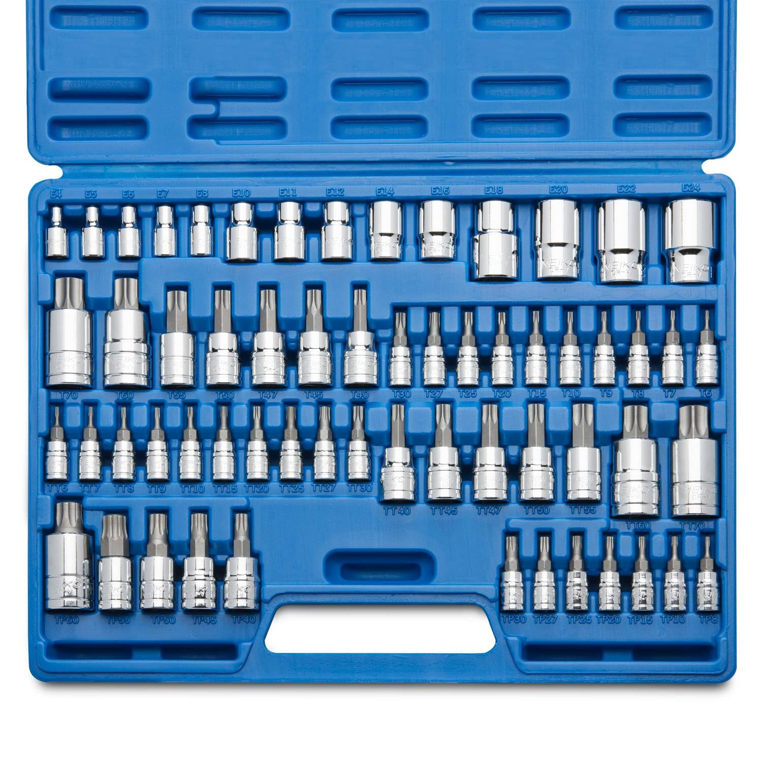 NEIKO 10083A Master Torx Bit Socket and External Torx Socket Set, S2 and CrV Steel, Supreme Torque Output Complete Kit, 60 Piece