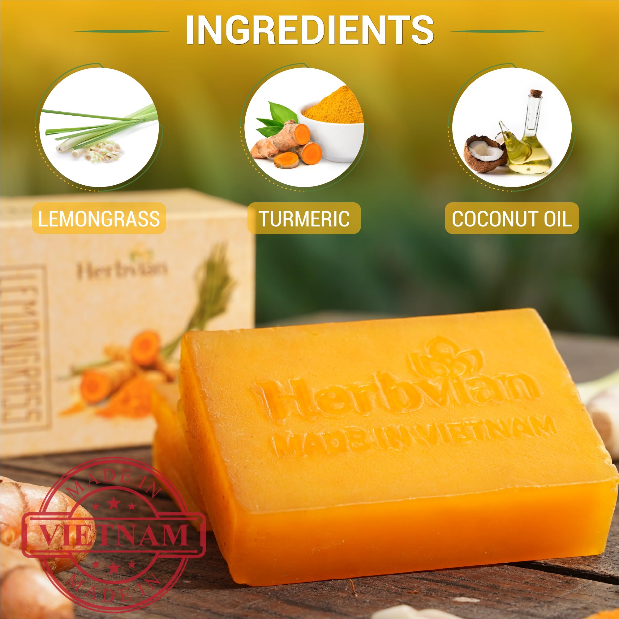 Herbvian 100% Natural Turmeric Soap Bar For Face And Body, Warmth Lemongrass Mosquito Repellent Soap, Vietnamese Back Acne Bath