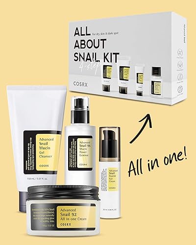 cOSRX All About Snail Korean Skincare  TSA Approved Travel Size, gift Set cleanser, Essence, cream, Eye-cream  Snail Mucin for R