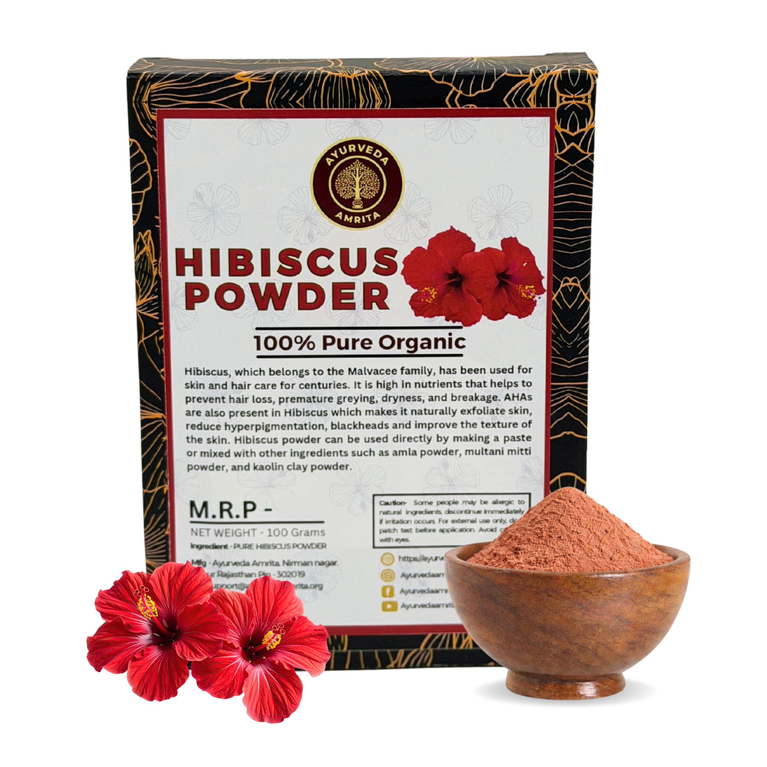 Ayurveda Amrita Pure, Natural & Organic Hibiscus Powder For Skin & Hair 100 Gram | Natural Gudhal Ka Phool Mix For Face Mask, Ha
