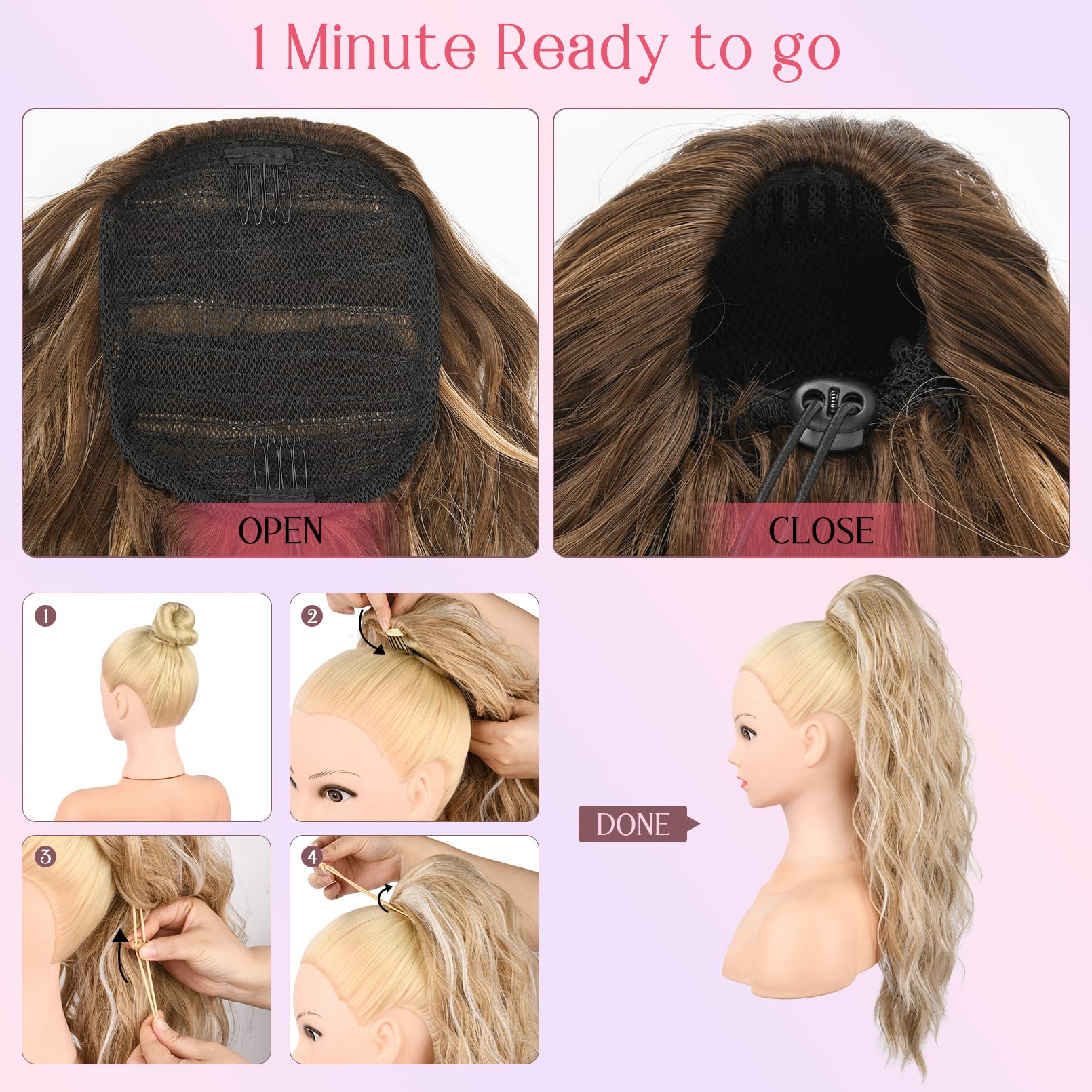 Hoojih Ponytail Extension, Drawstring Ponytail Hair Extensions 26 Inch Long Curly Wavy Ponytail Natural Wavy Synthetic Hairpiece