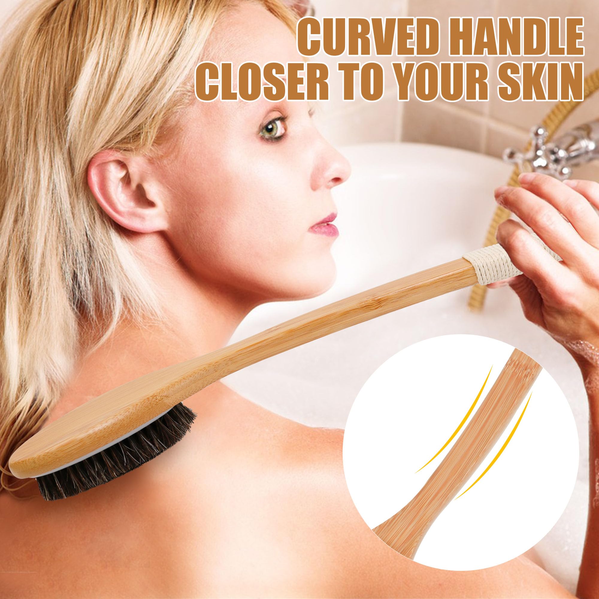 Owiizi Horsehair Bath Brush Bamboo Curved Long Handle Antiskid Body Brush For Exfoliating, Natural Mane Shower Scrubber For Back