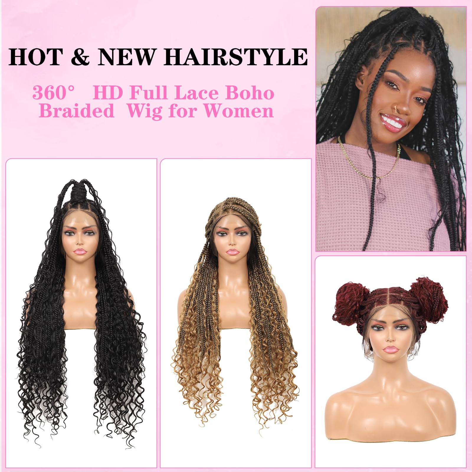 Kalyss 360 Hd Full Lace Boho Braided Wigs For Women Box Braid Wig With Curly Ends Knotless Braided Wigs With Baby Hair Human Hai