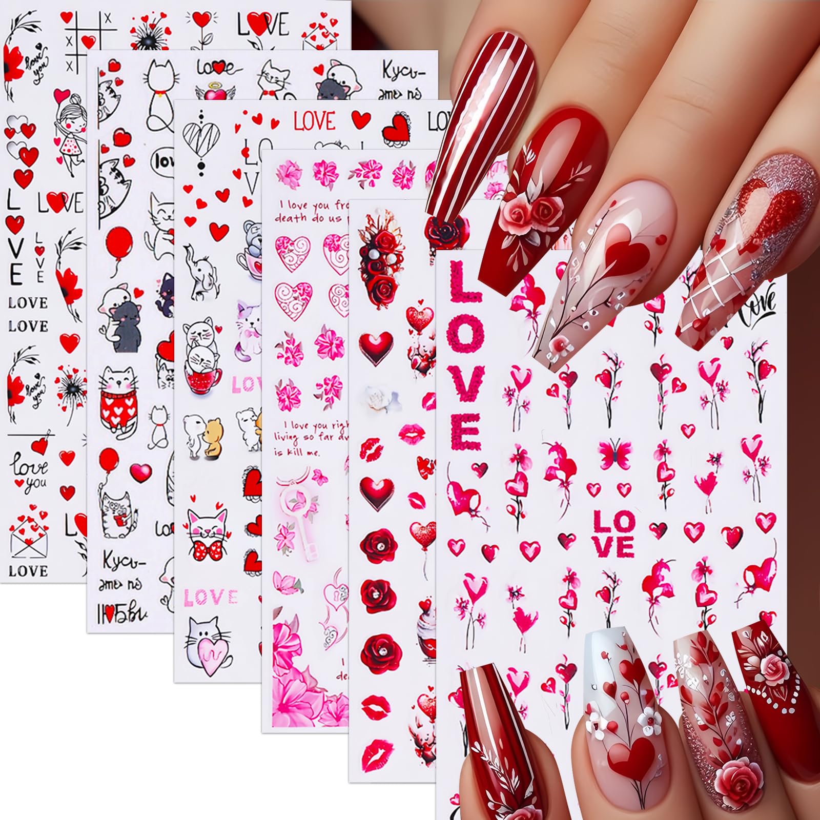 Valentine's Day Colorful Heart Nail Stickers 3D Self-Adhesive Nail Decals Sexy Lips Flower Nail Supplies Red Rose Flower Cute Ca