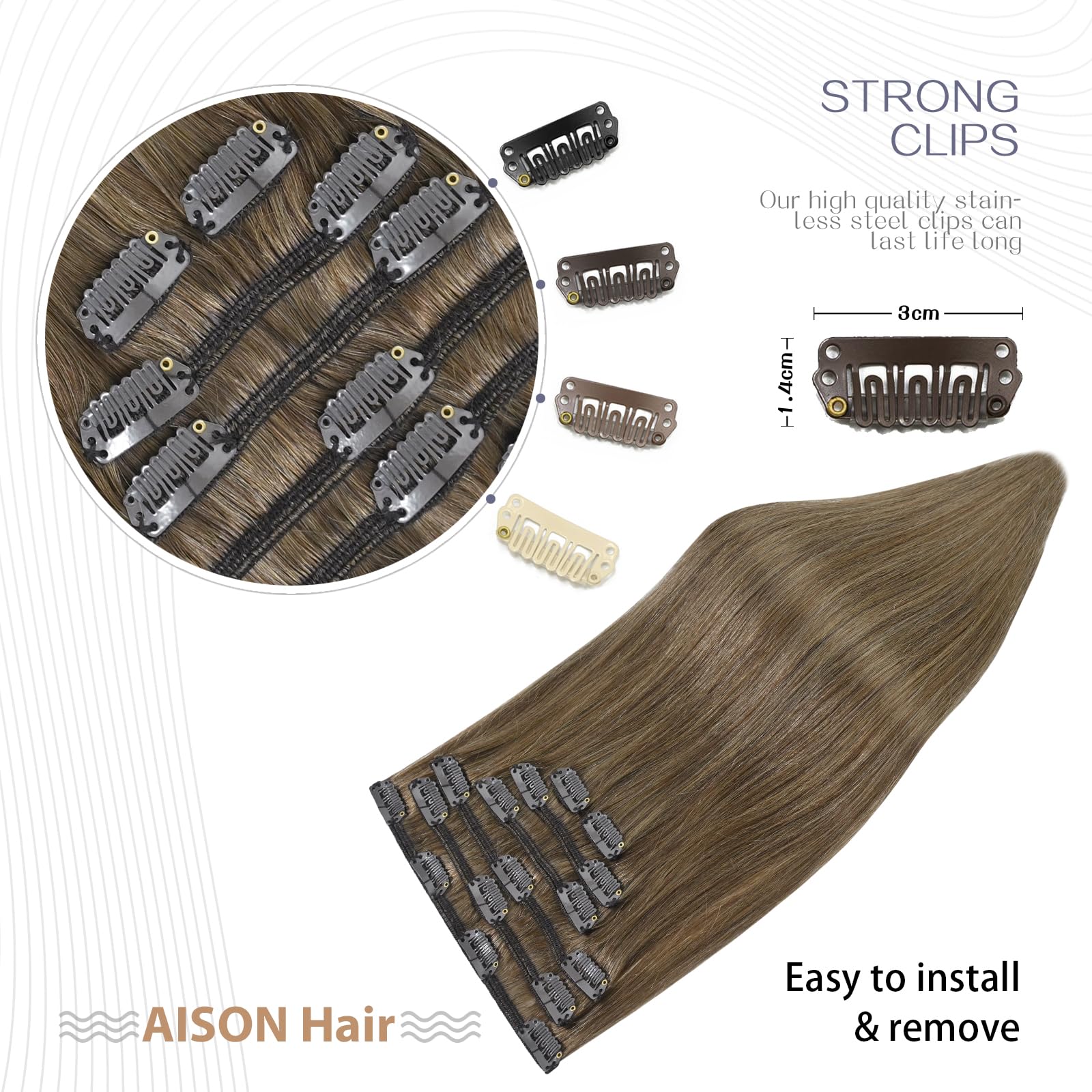 Aison Ash Brown Hair Extensions Real Human Hair Clip Ins 70G Remy Human Hair Soft Silky Straight For Fashion Women 7Pcs 16Clips