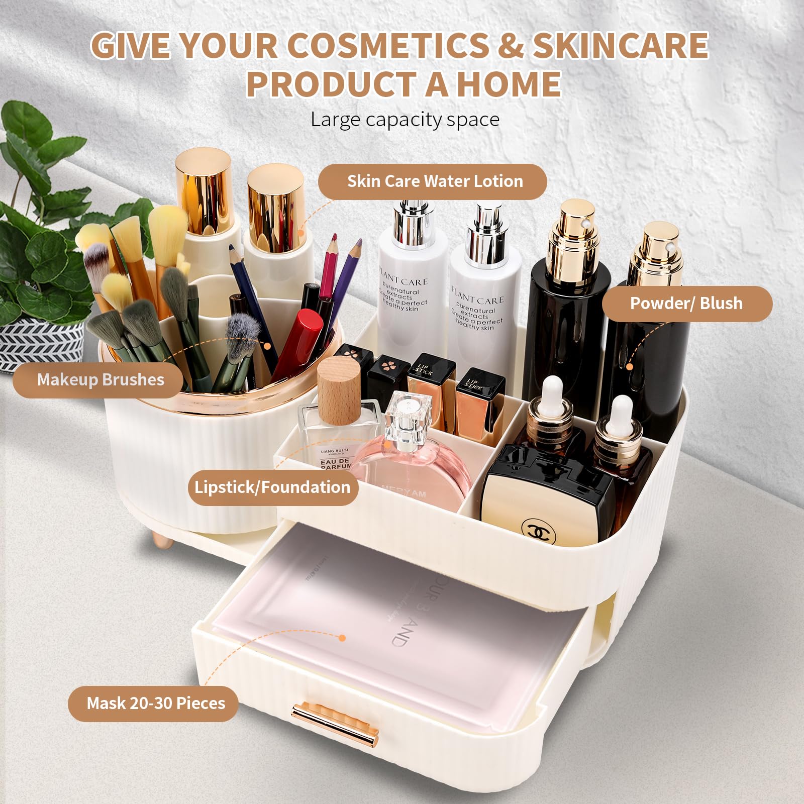 Beborxue 360 Rotating Makeup Organizer For Vanity With Drawers, Large Capacity Cosmetic Display Case, Skincare Organizer, Cosmet