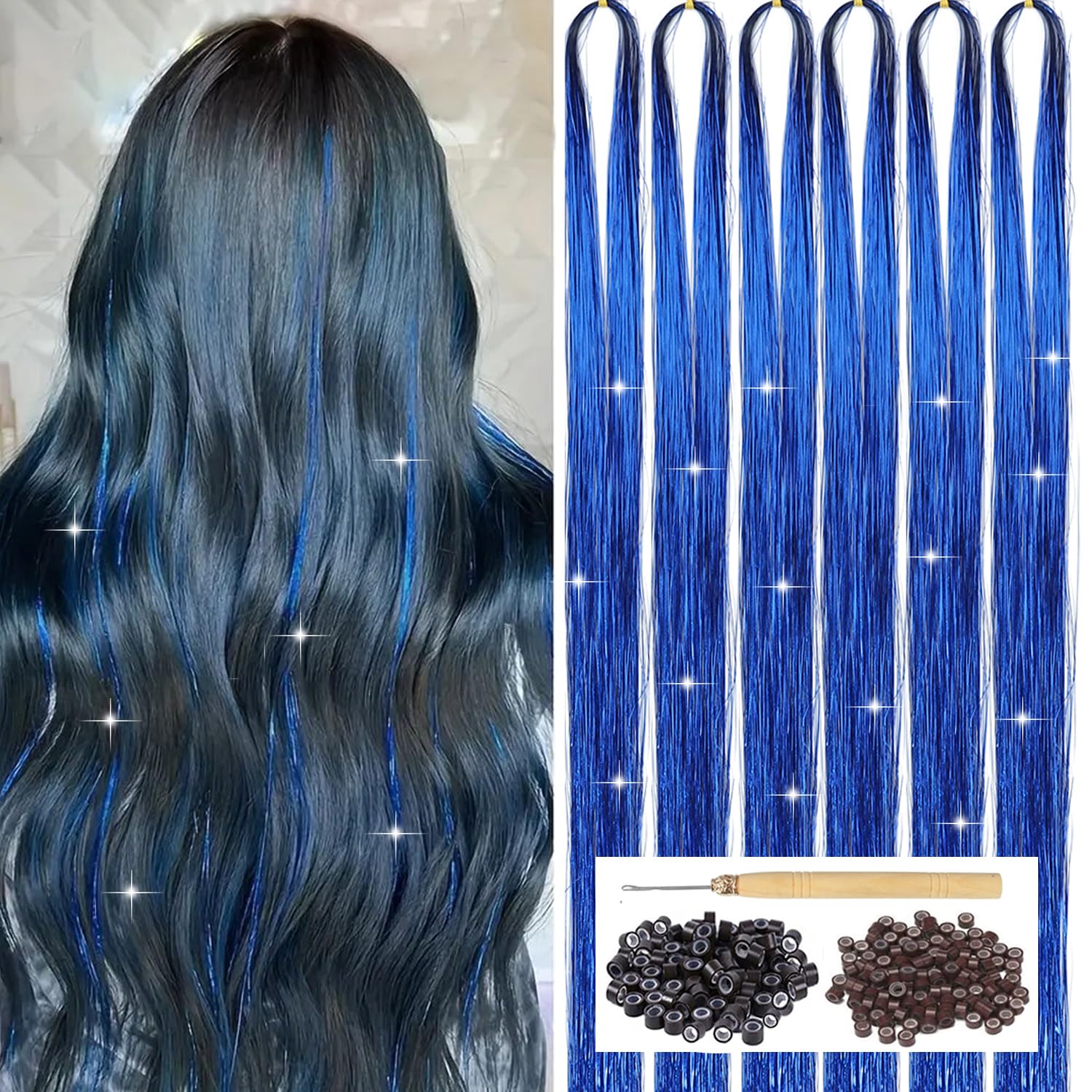 Blue Hair Tinsel Kit with Tool 6pcs 1200 Strands Glitter Tinsel Hair Extensions Heat Resistant Sparkling Shiny Fairy Hair Access