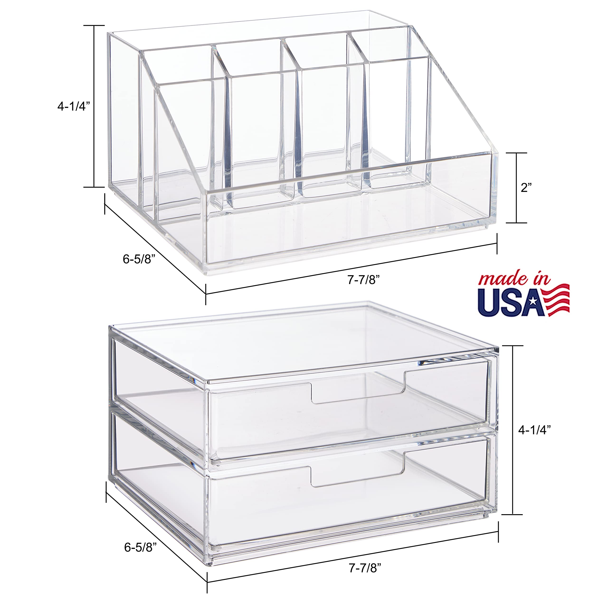 Stori Chloe Stackable Clear Makeup Holder And Double Organizer Drawer Set  Organize Cosmetics And Beauty Supplies  Made In Usa