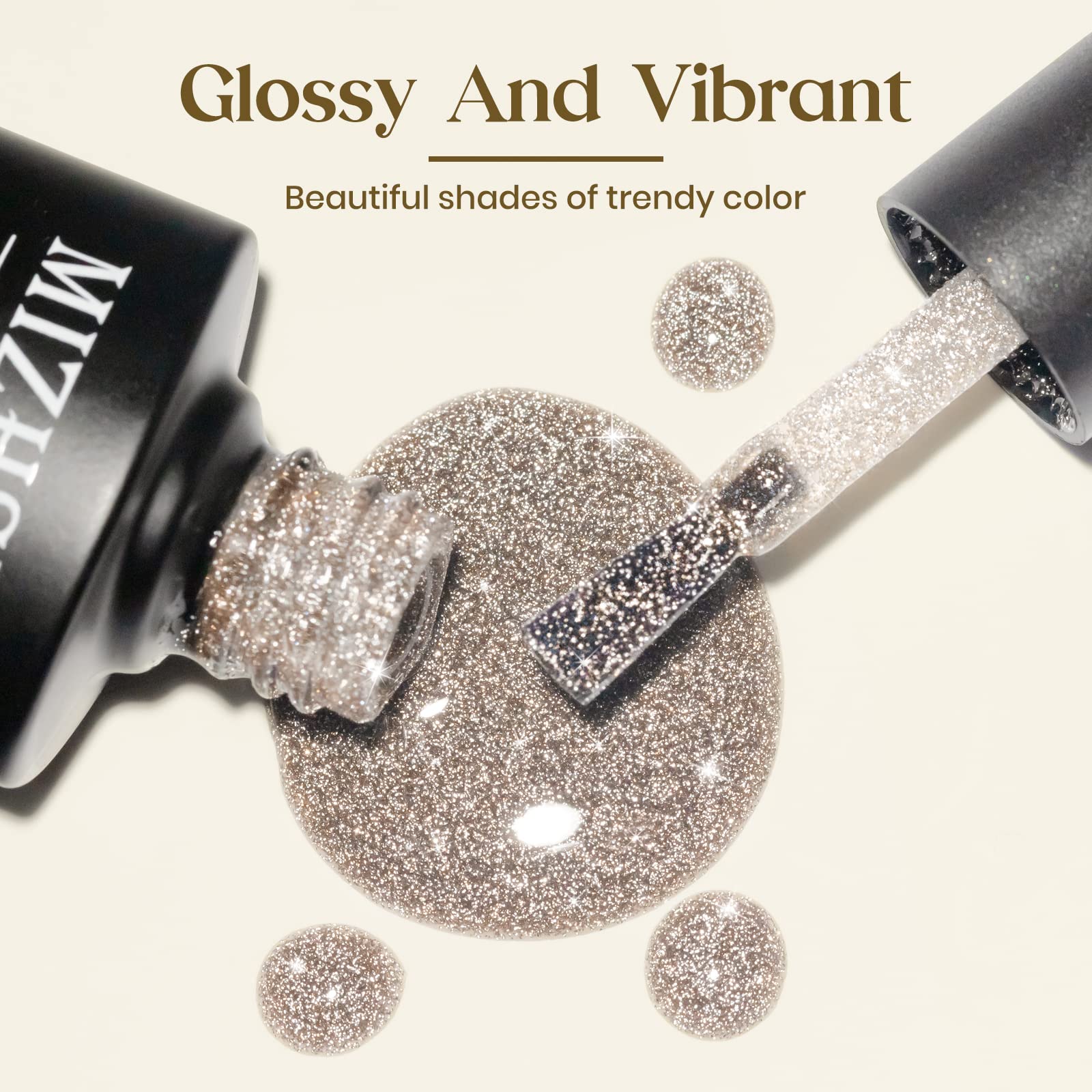 Mizhse Reflective Glitter Gel Nail Polish, Light Gold Sparkly Shiny Gel Polish, Shimmer Nail Gel Soak Off Nail Art Manicure Diy
